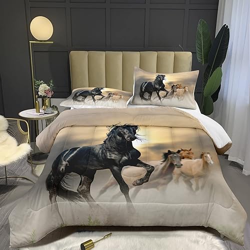 Bodhi Juego de edredón de caballo tamaño matrimonial para niñas y niños, juego de ropa de cama con estampado de caballos en 3D, juego de edredón con