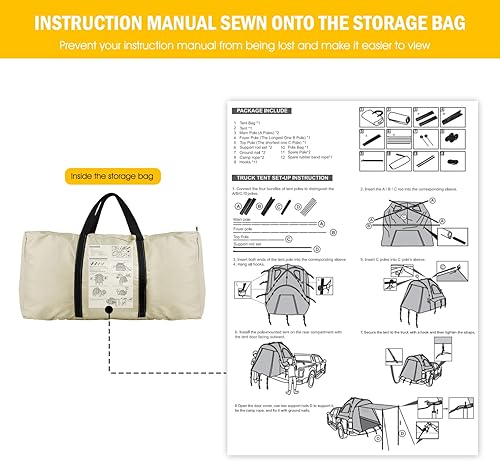 Miniatura 7 de Tienda de campaña para camioneta con pantalla de toldo, impermeable PU5000mm Oxford para caja de camioneta de 5.5 a 6.3 pies para camping, viajes,