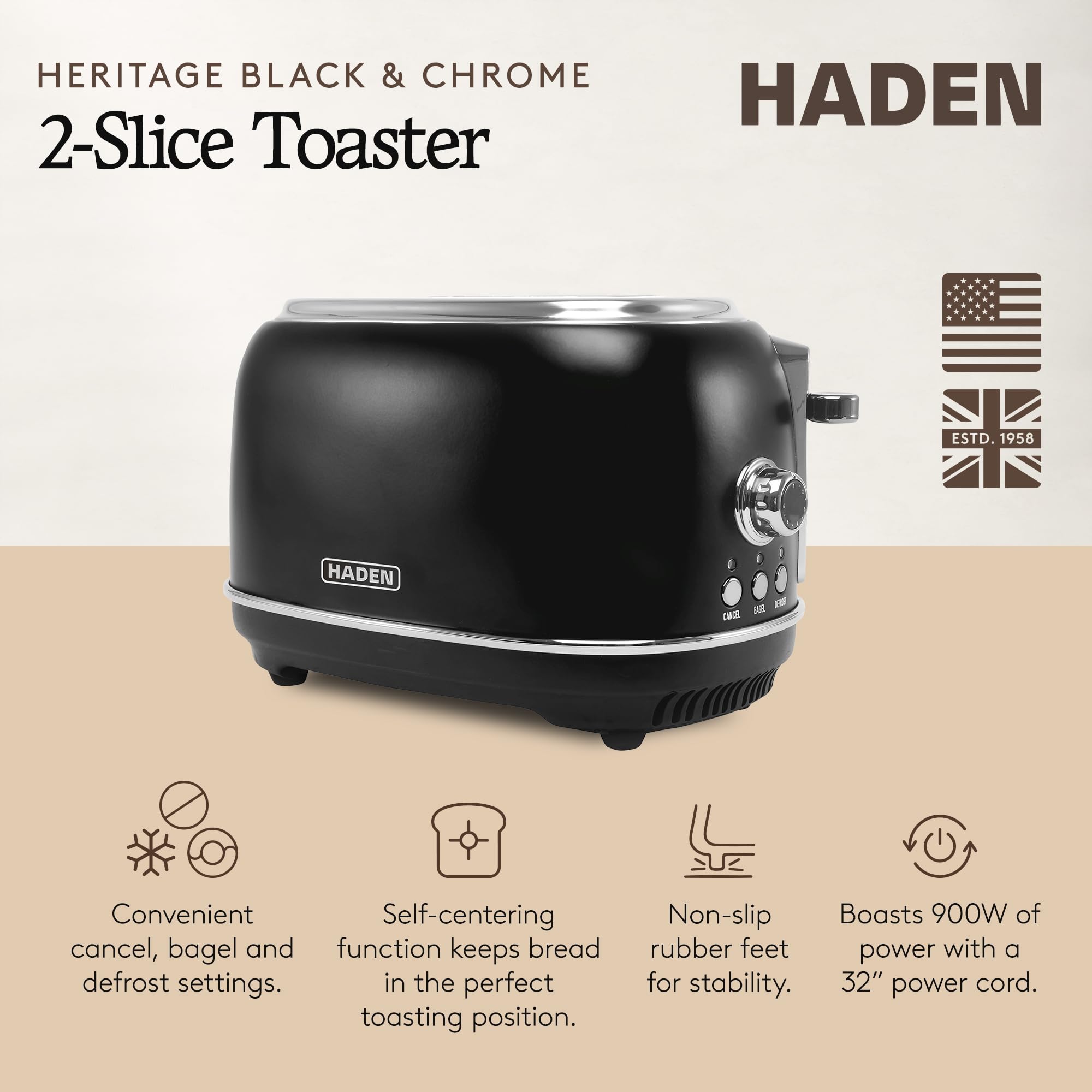 HADEN Heritage 2 Slice Toaster, Wide Slot Retro Toaster with