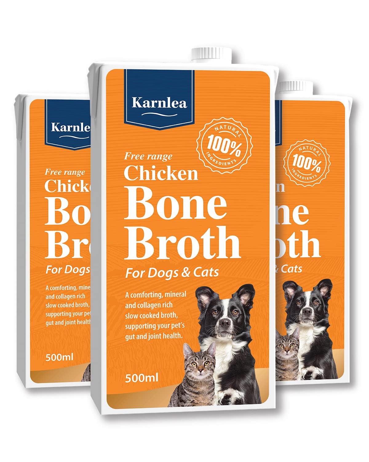 Karnlea Pets Chicken Bone Broth for Dogs & Cats, 3x 500ml | 100% Real & Natural Liquid Bone Broth | High in Collagen & Protein for Healthy Joints, Gut, Digestion, Skin & Coat, Sickness Recovery