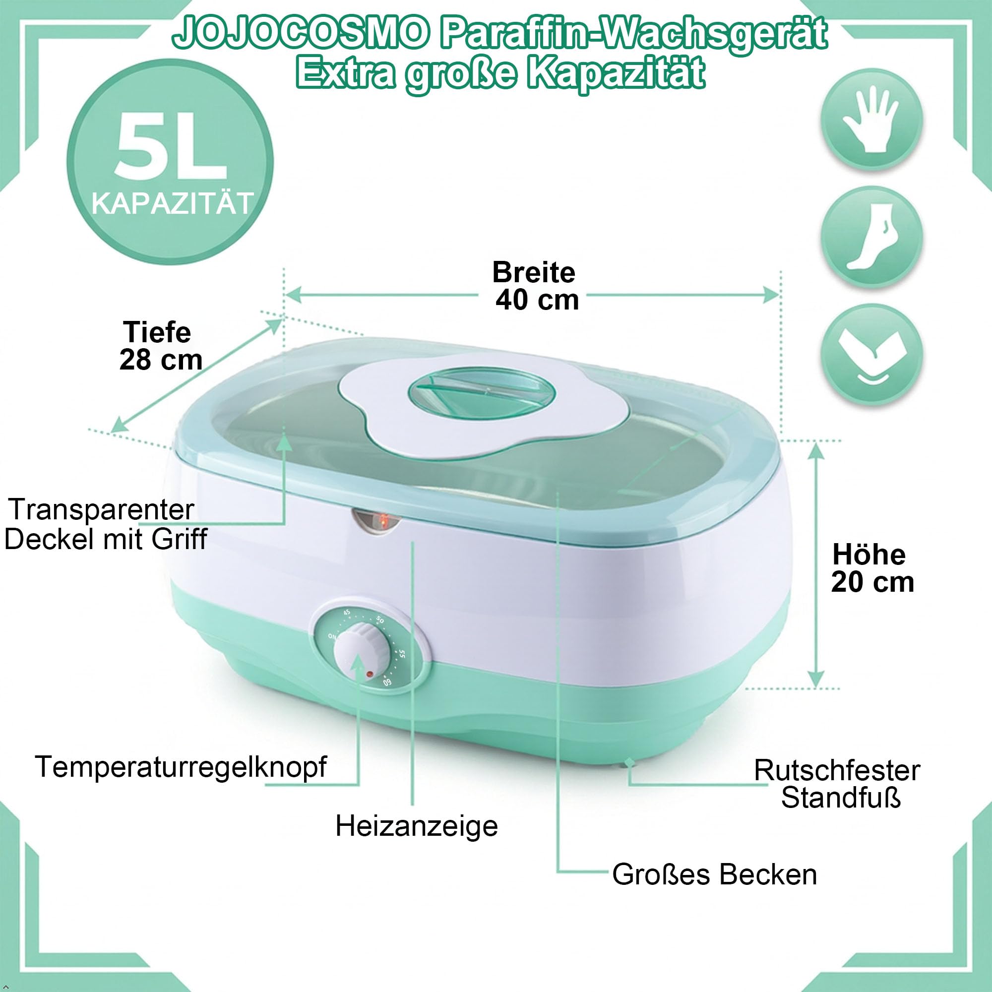 Paraffinbad für Hände und Füße – 5000 ml Paraffinbad Gerät mit 1800 g Bio-Paraffinwachs für Hände & Füße, inkl. Zubehör – Professionelles Paraffinbad für trockene, raue Haut