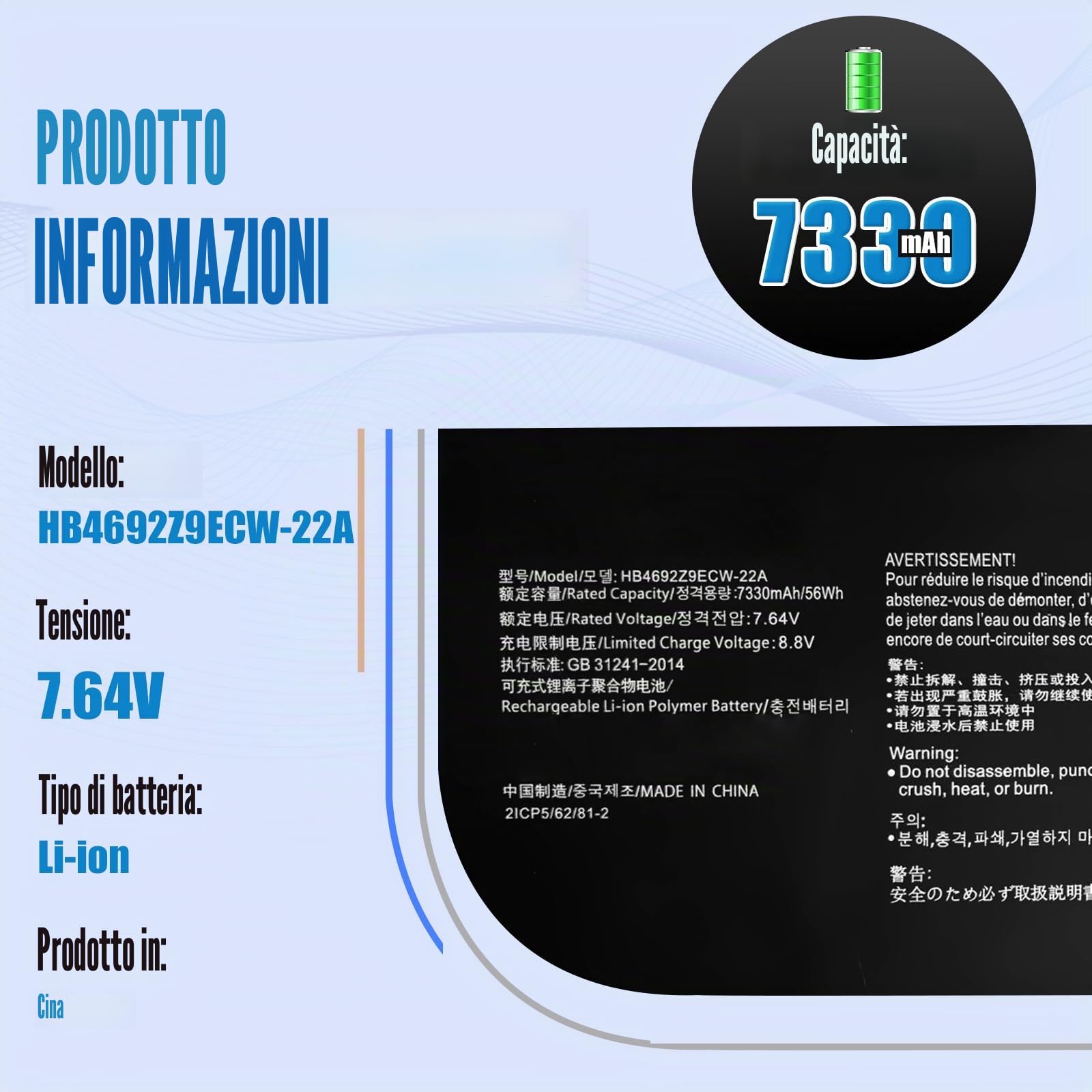 HB4692Z9ECW-22A HB4692Z9ECW-41 - Batteria per computer portatile Huawei Honor MateBook D 14-53010TVS Magicbook 14 NBL-WAQ9R NBL-WAP9R NBLK-WAX9X (56Wh/7330mAh)