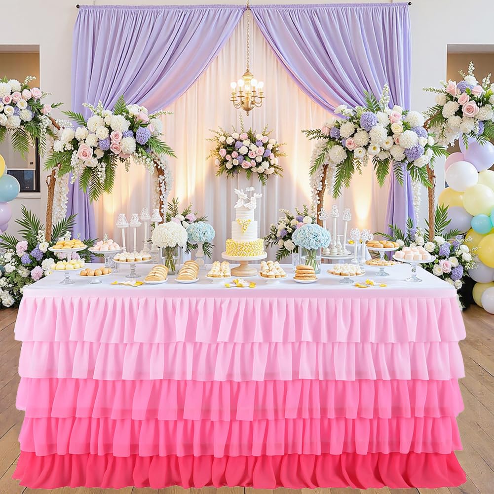 Jupe de table rose en tulle CREATCABIN nappe rectangulaire à volants polyester
