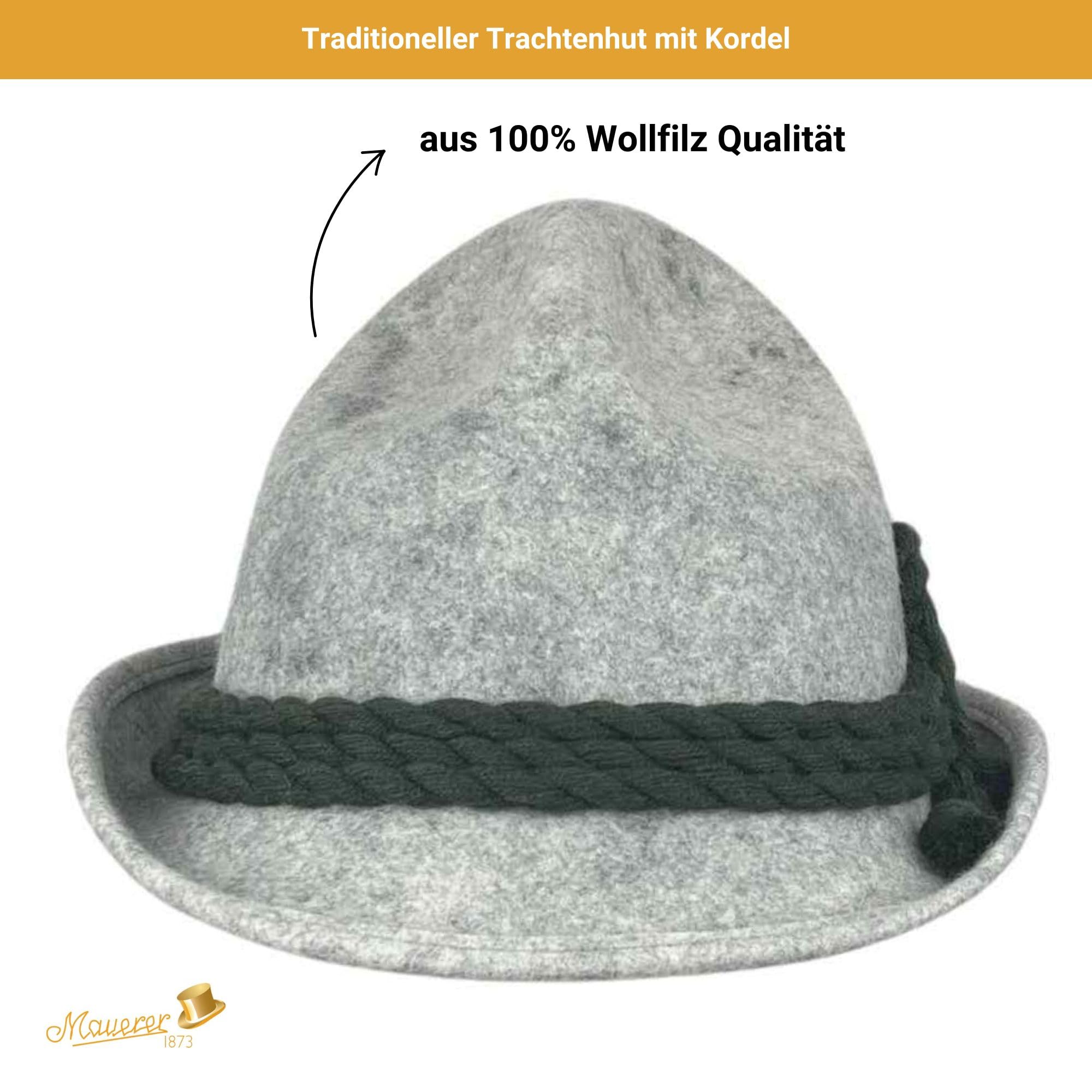 Original Herren Trachtenhut mit Kordel für Oktoberfest, Lodenhut – 100% Wollfilz Qualität für Damen und Herren geeignet