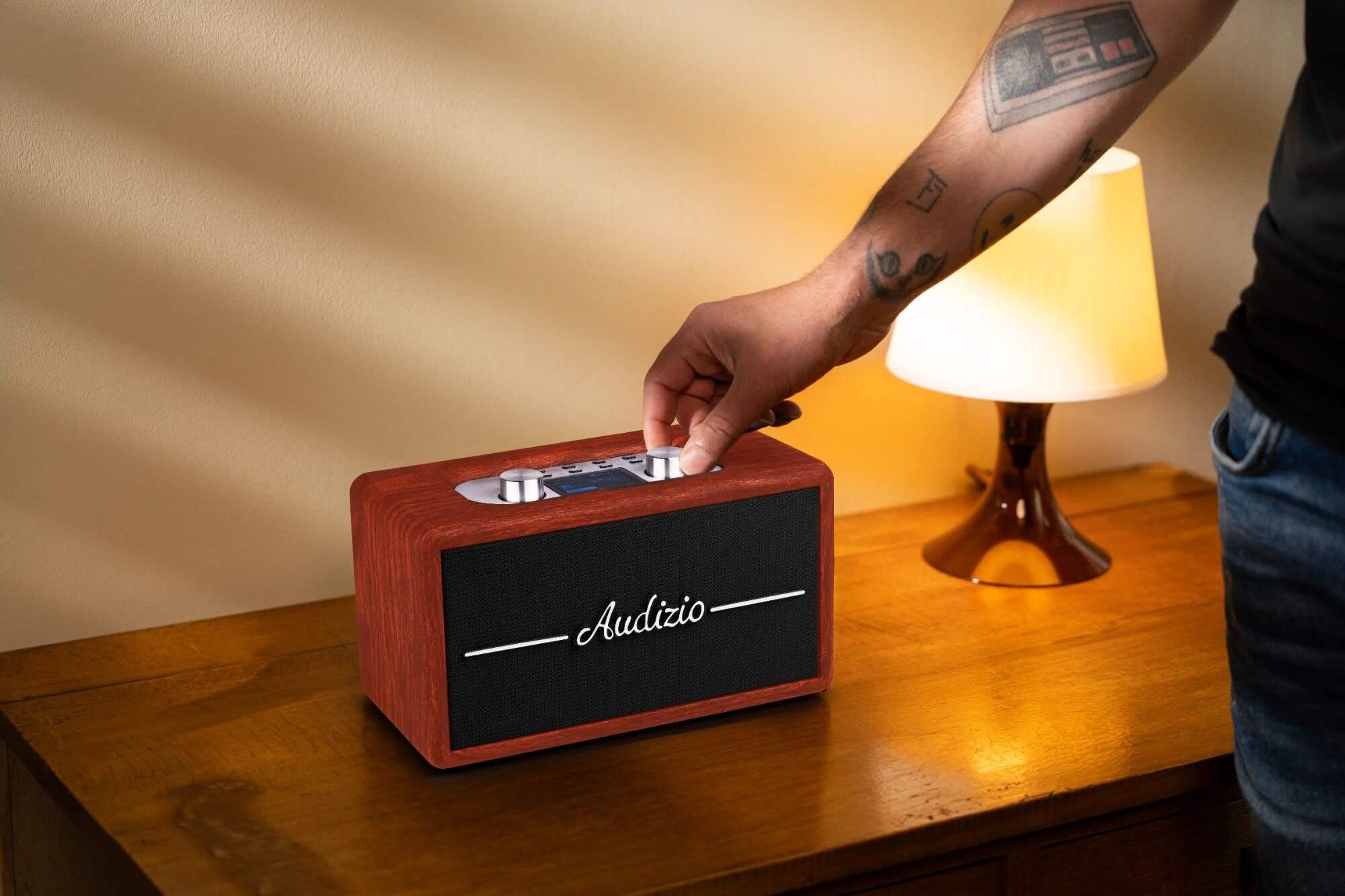 Audizio Tune60 Enceinte Portable BT Rétro avec Radio Dab+ et FM - Haut Parleur sans Fil Vintage 40W avec USB, Micro SD, AUX et Télécommande - Enceinte Mobile Design Cerisier