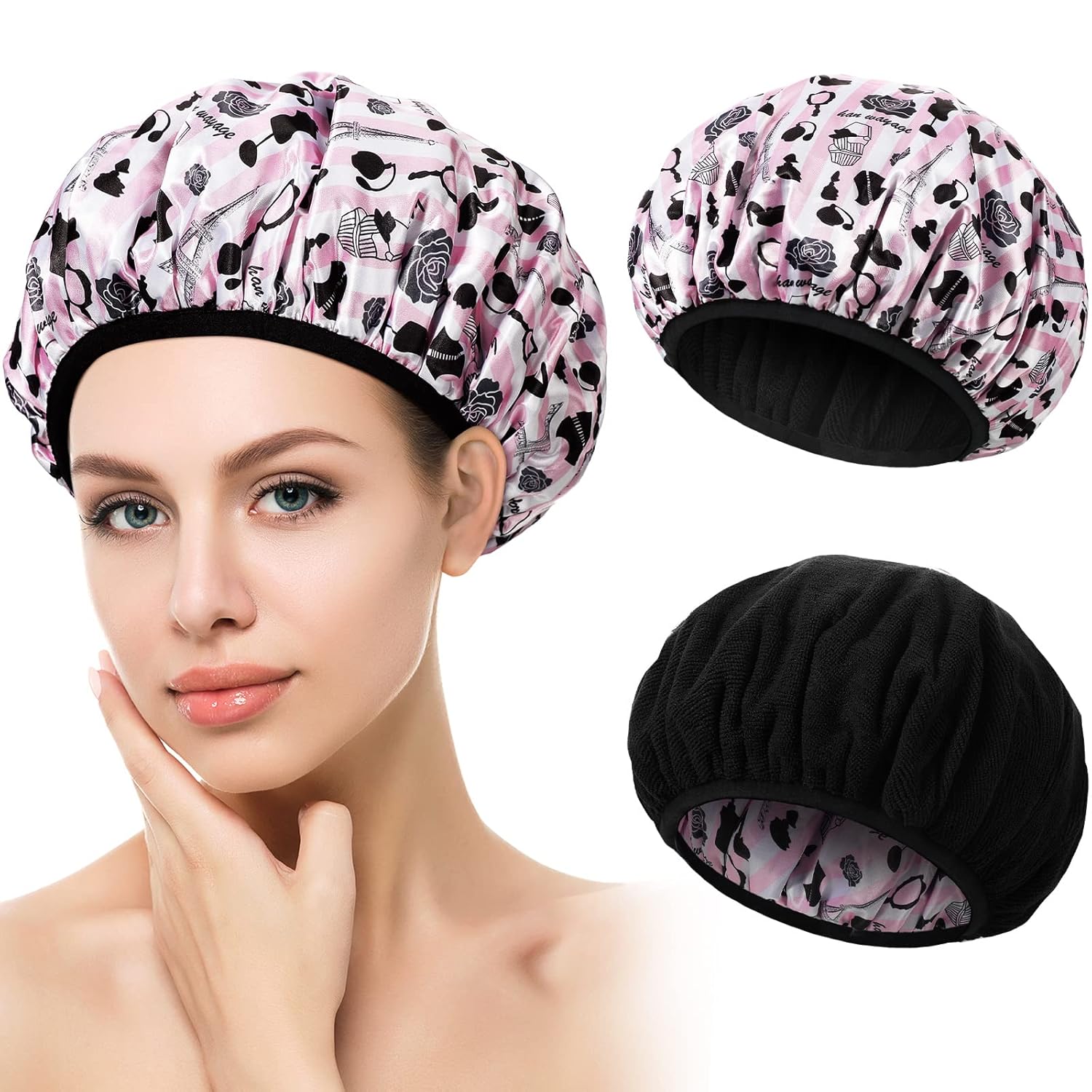 2 Pieces Terry Cloth Lined Shower Cap Large Triple Layer