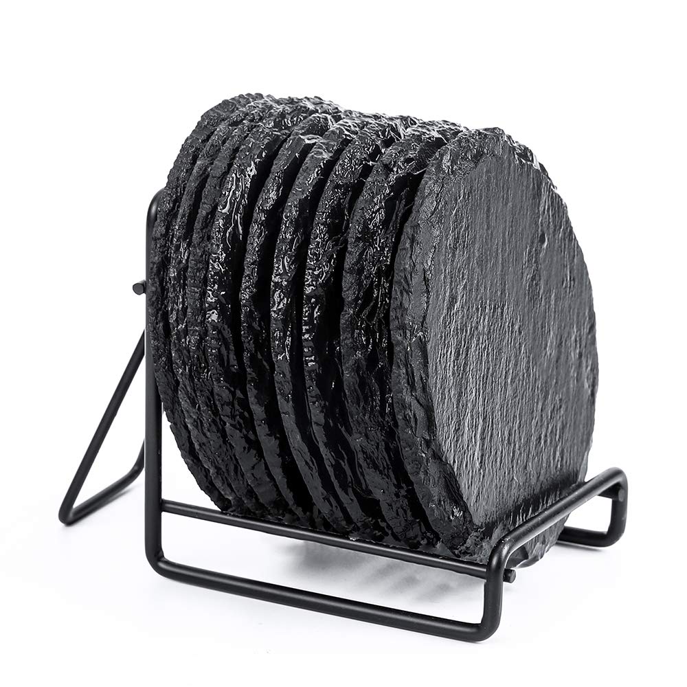 9-Pack Drink Slate Coaster Set with Holder - Handmade Round Slate Stone Coaster for Bar Kitchen Home Decor, Black, 3.8 Inches in Diameter