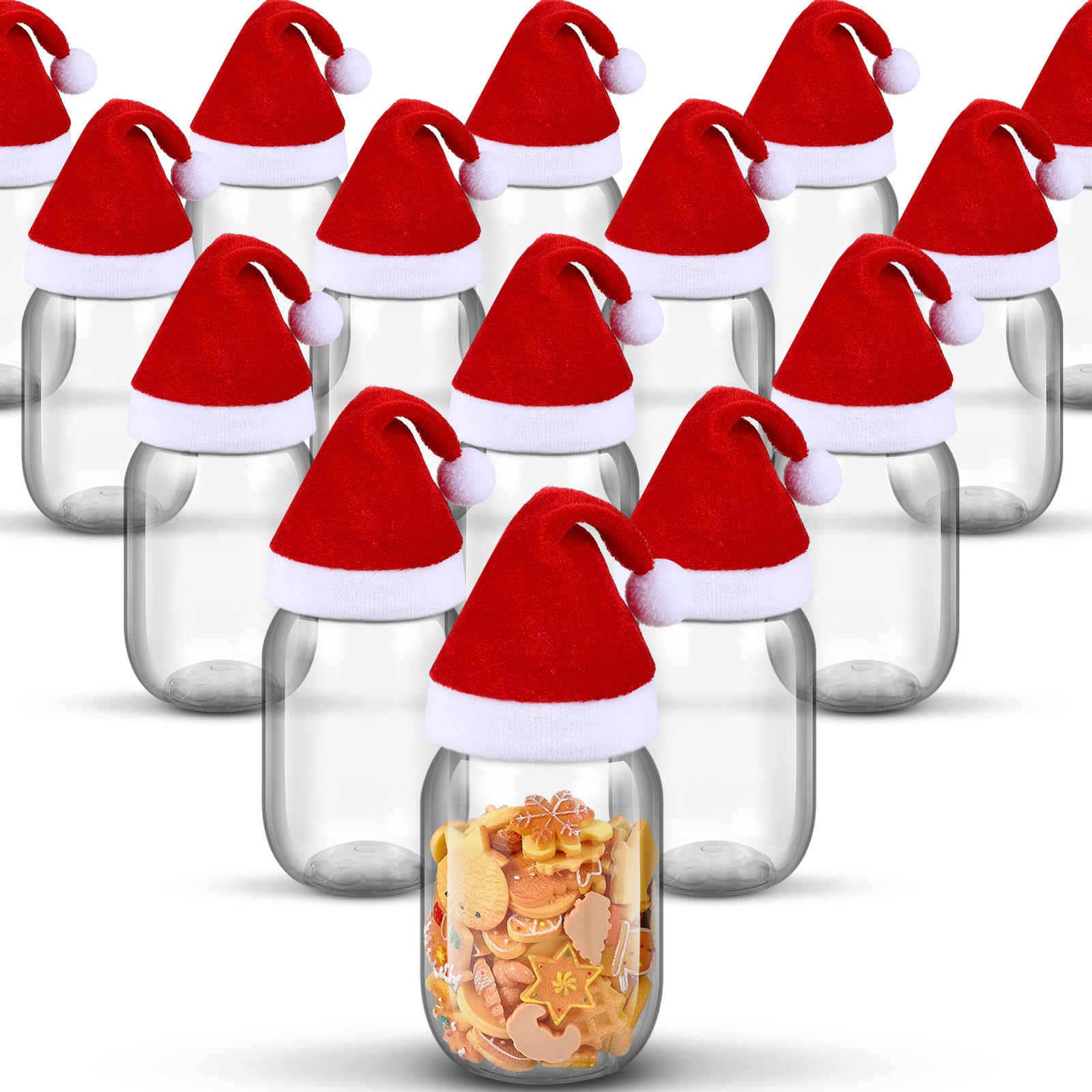 Hicarer 16 Set Christmas Party Plastic Mason Jars and Mini Santa Hat 12 oz Clear Plastic Jars with Lids Flannel Tiny Hat Empty Round for Candies Cookies Storage Crafts (Red)