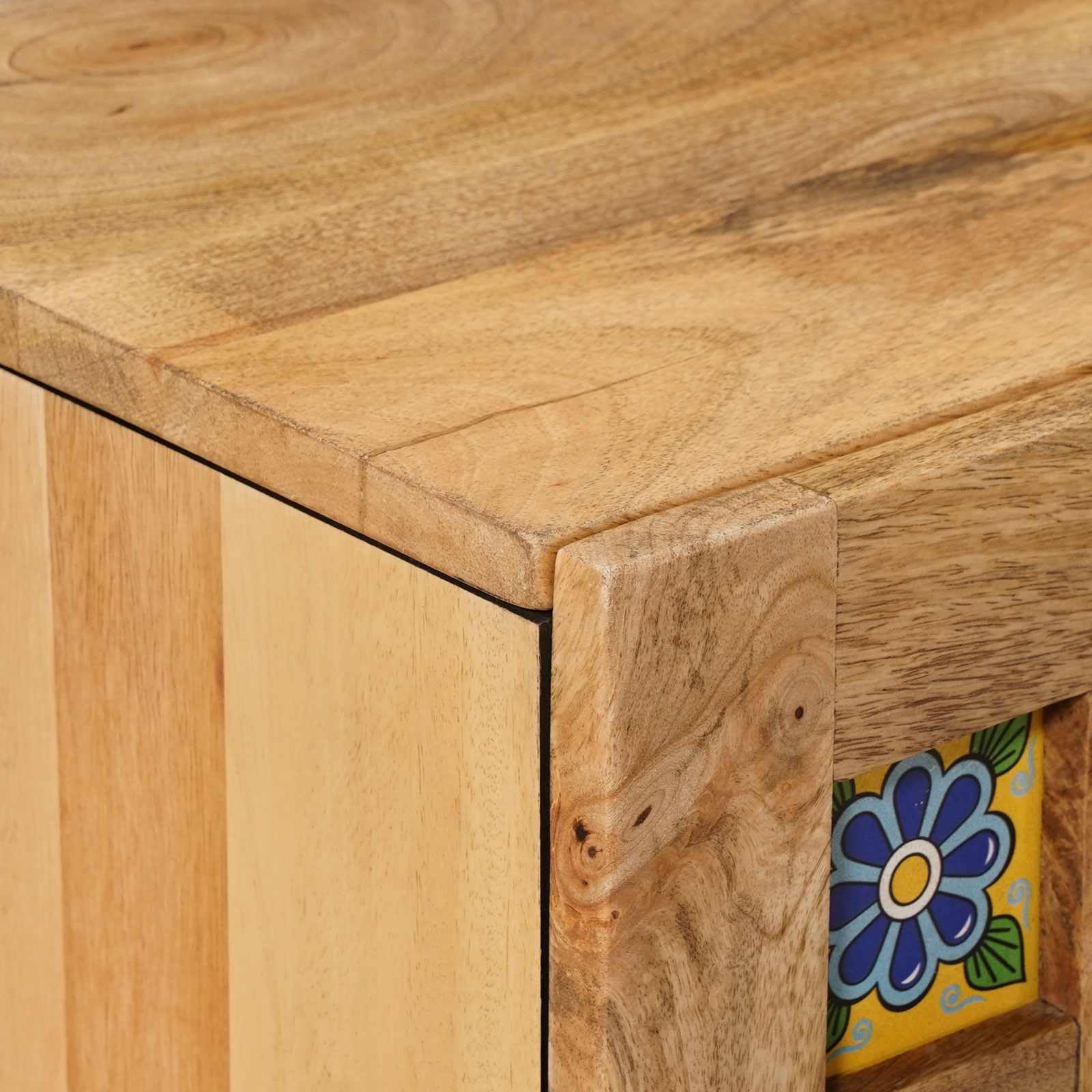 Mobile TV naturale 105 x 33,5 x 46 cm, in legno massiccio di mango | Con ante e cassetti, spazio per accessori multimediali, design moderno, per soggiorno