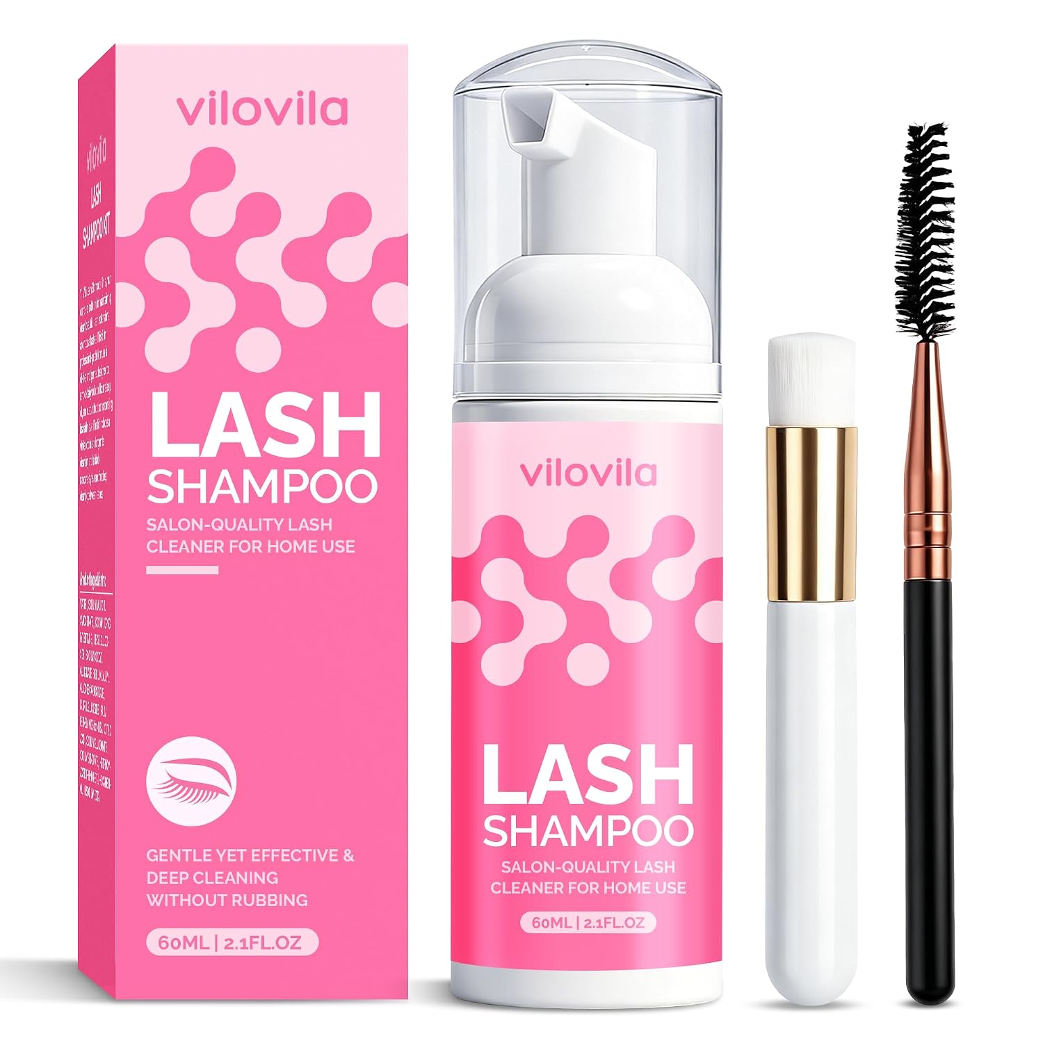 Lash Shampoo Kit (60ml/2.1 fl oz), Oil-free Eyelash Shampoo for Extensions & Natural Lashes, Gentle Lash Cleaning Kit for Daily Use, Lash Cleaner for Extensions with 2 Brushes