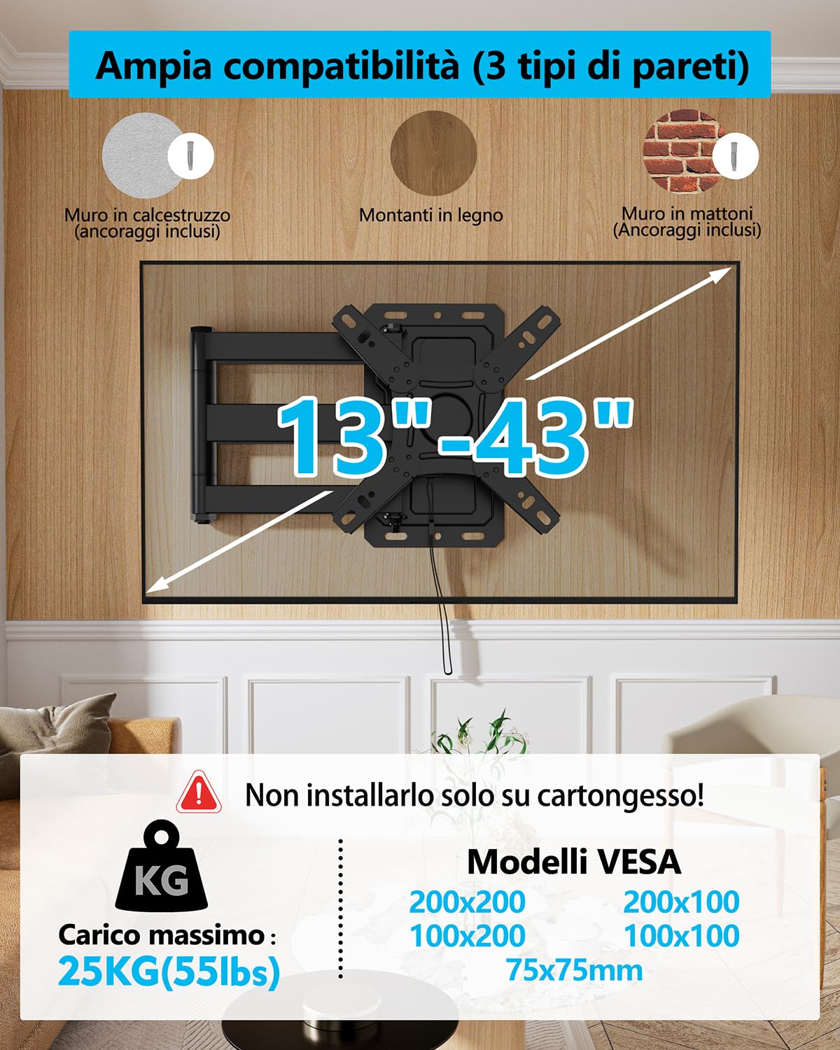 Staffa da parete per TV con serratura per campeggio, rotazione di 180°, girevole a 180°, supporto da parete per camper e monitor da 13-43 pollici e TV fino a 25 kg, staffa VESA 200 x 200 mm