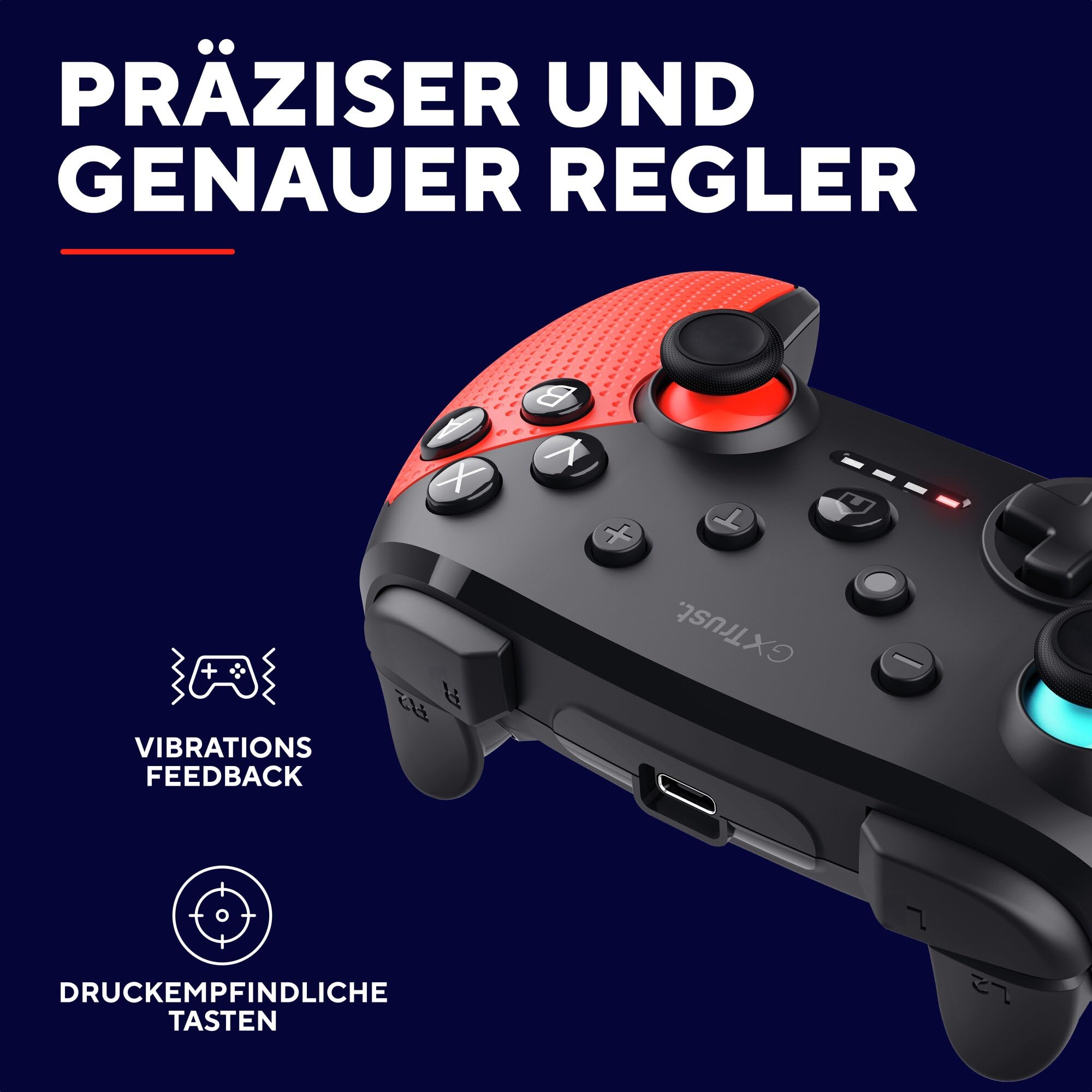 Trust Gaming GXT 1246B Muta Bluetooth Nintendo Switch Controller, Gaming Controller mit Play-and-Charge-Kabel, Dual-Shock-Vibration, 15h Spielzeit, Aufladbarer Akku, für Switch Lite, OLED, Blue Rot