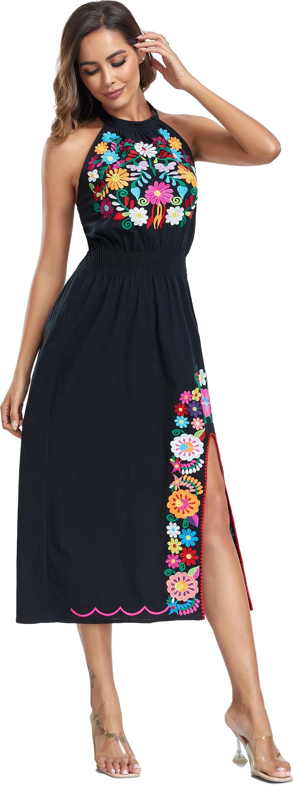 Women's Mexican Floral Embroidered Halter Neck Split Sleeveless Ruffle Party Long Dresses