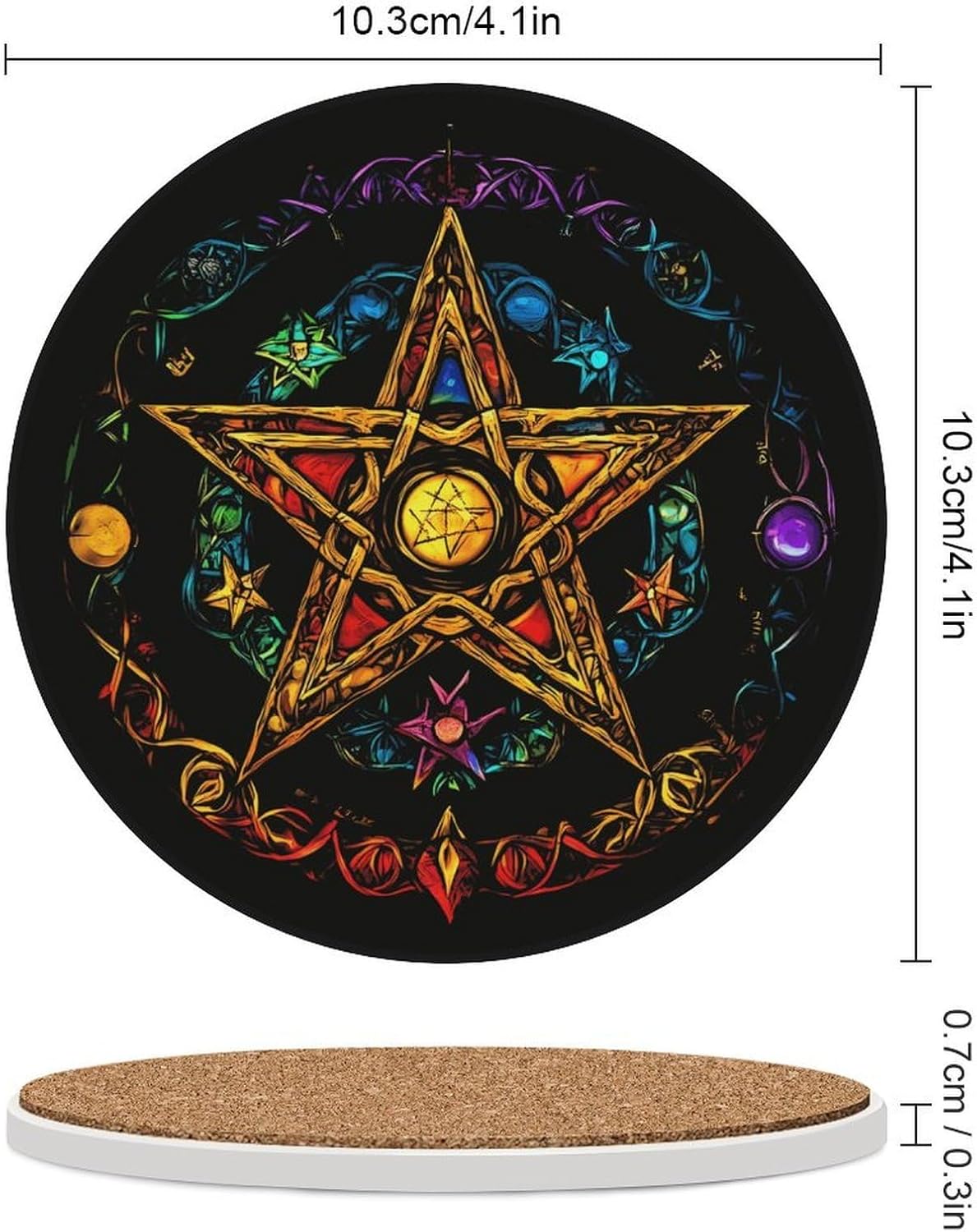 Wiccan Pentagram Witchcraft Magic Pagan Star Coasters for Drink Round Ceramic Coaster with Cork Base Home Decorative 4PCS