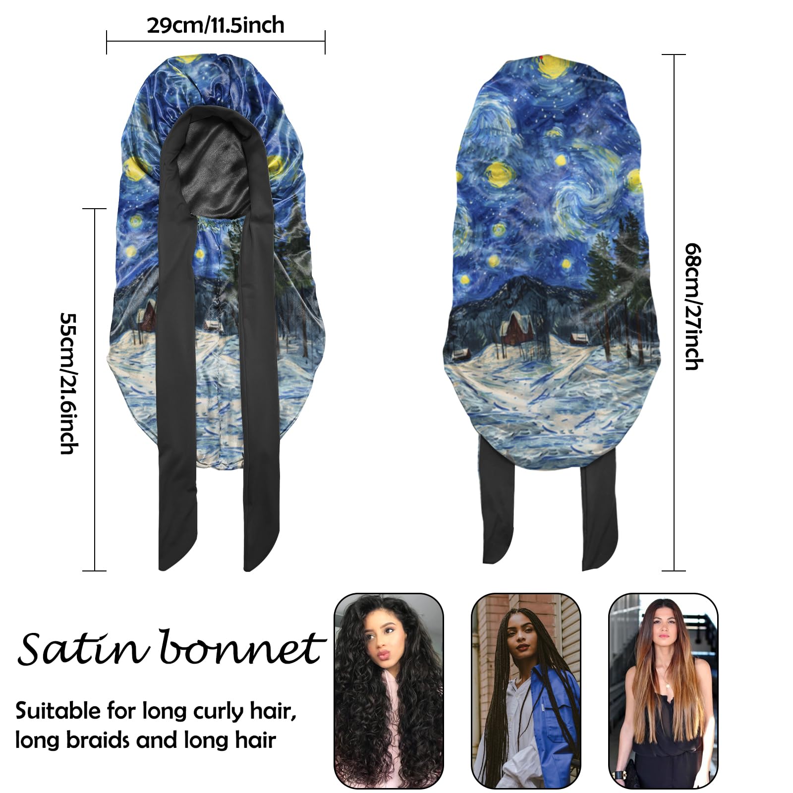 BHAHB Silk Long Satin Hair Bonnet for Sleeping Adjustable Double Layer Elastic Reusable Long Hair Caps Cute Women Girls (L22-Starry Night) - Image 2