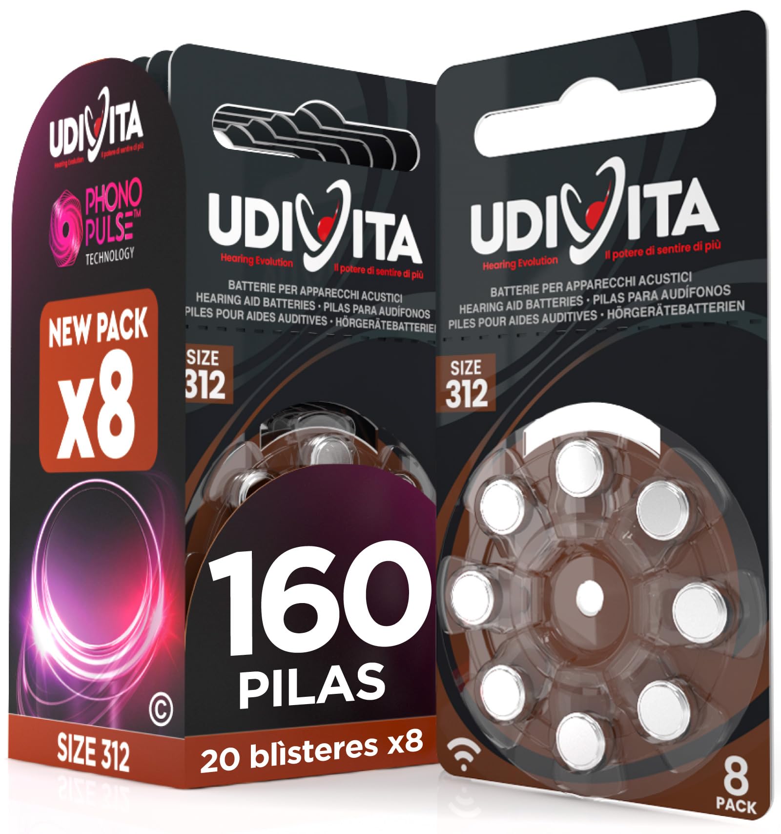 160 Pilas para Audífonos Tamaño 312 Udivita PR41 (Marrón) Zinc-Aire Hearing Evolution Tecnología Phono Pulse - 20 Blísteres de 8 Pilas