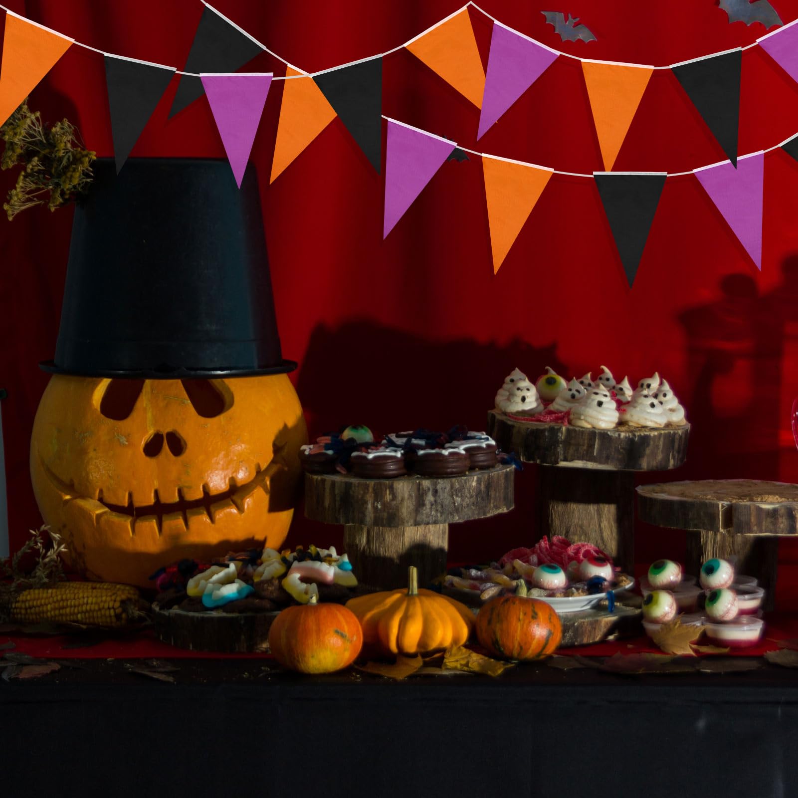 Tatuo 20 Banderines de Halloween de 200 m Total Banderas Triangulares de Negro Morado Naranja Pancartas de Tela Guirnaldas de Fiesta Banner Colgante para Interior Exterior Boda Jardín Cumpleaños