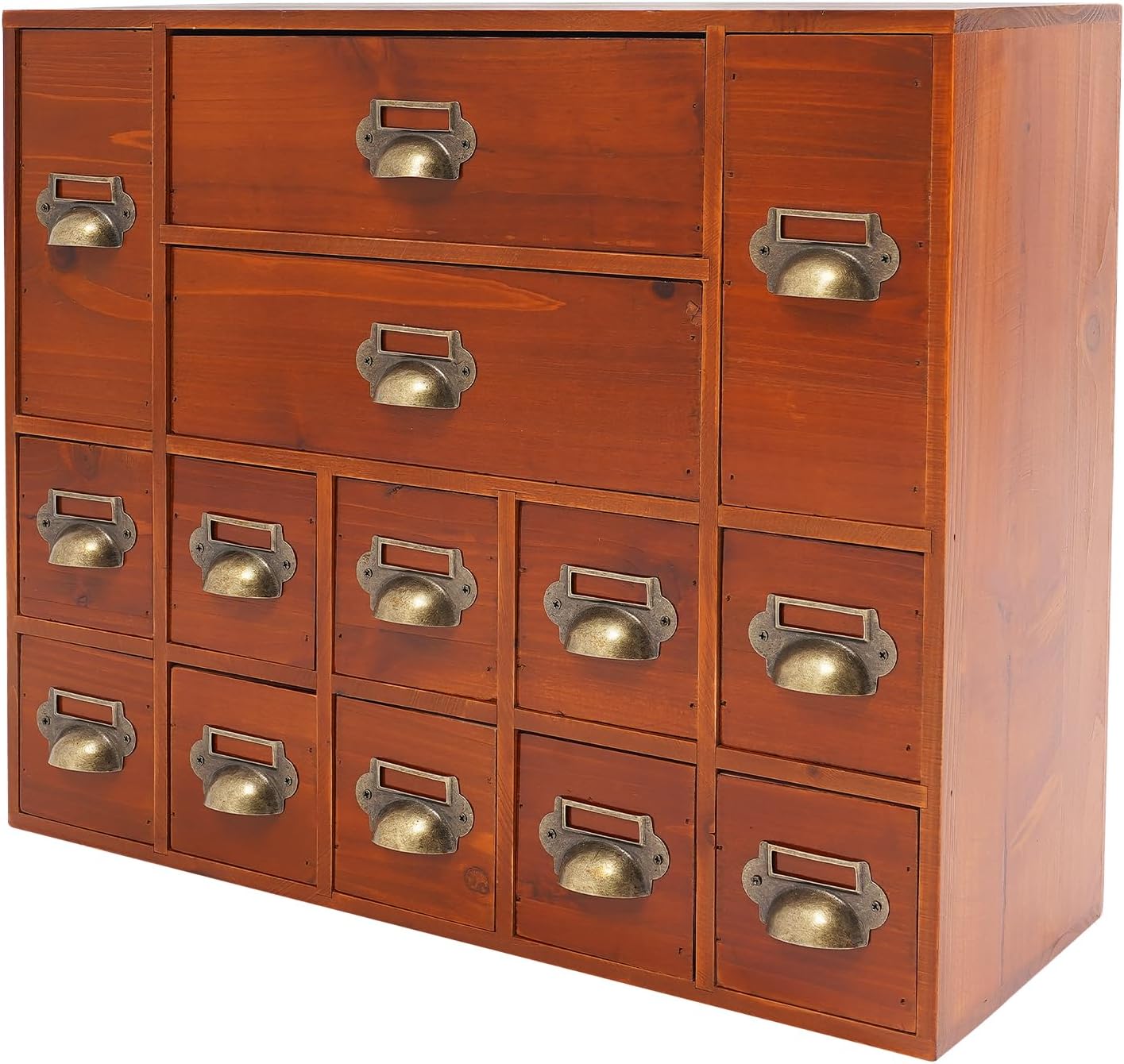14-Drawer Wooden Storage Box, Traditional Apothecary Curio Cabinet, Library Card Catalog Cabinet Herb Storage Box w/Label Holders Handles