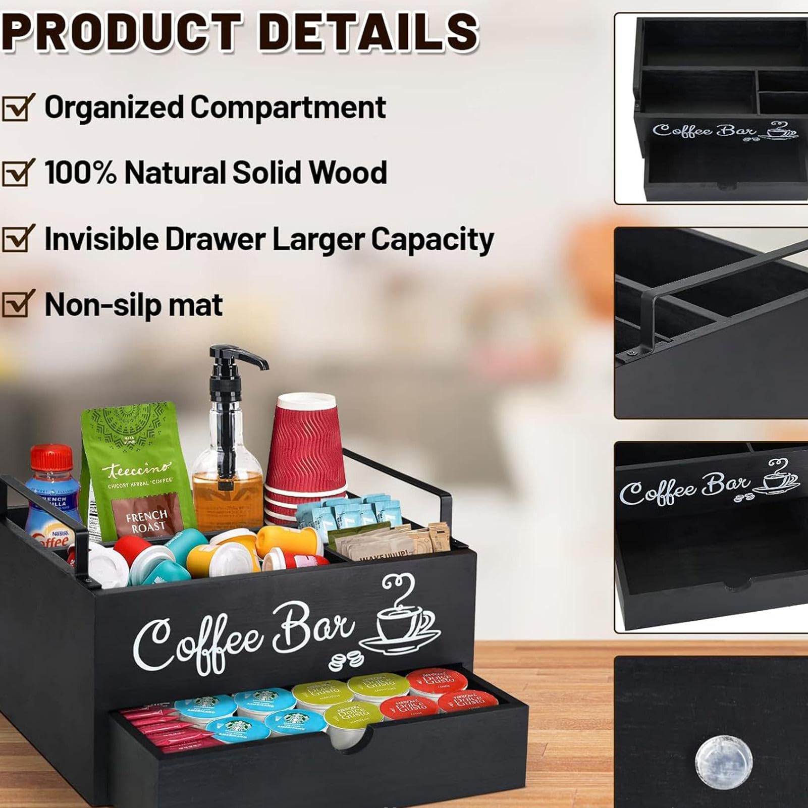 Organiseur de café en bois – Organiseur de station de bar à café, solution de rangement pour comptoir | Élégant organisateur de station de café, organisateur d'accessoires de bar à café pour la
