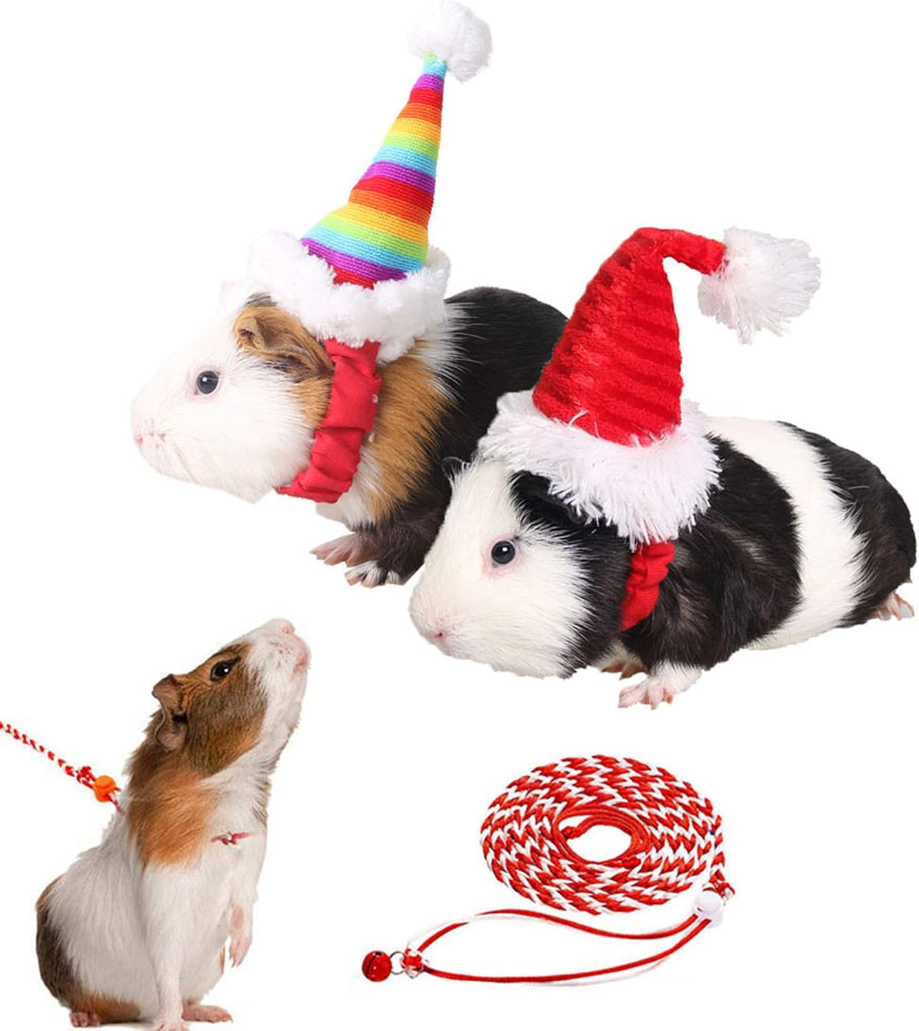 Guinea Pig Christmas Hat with Leash - Guinea Pig Santa Hat for Rabbit Hedgehog Chinchilla Hamster Ferrets Kitten Kitty Small Animals