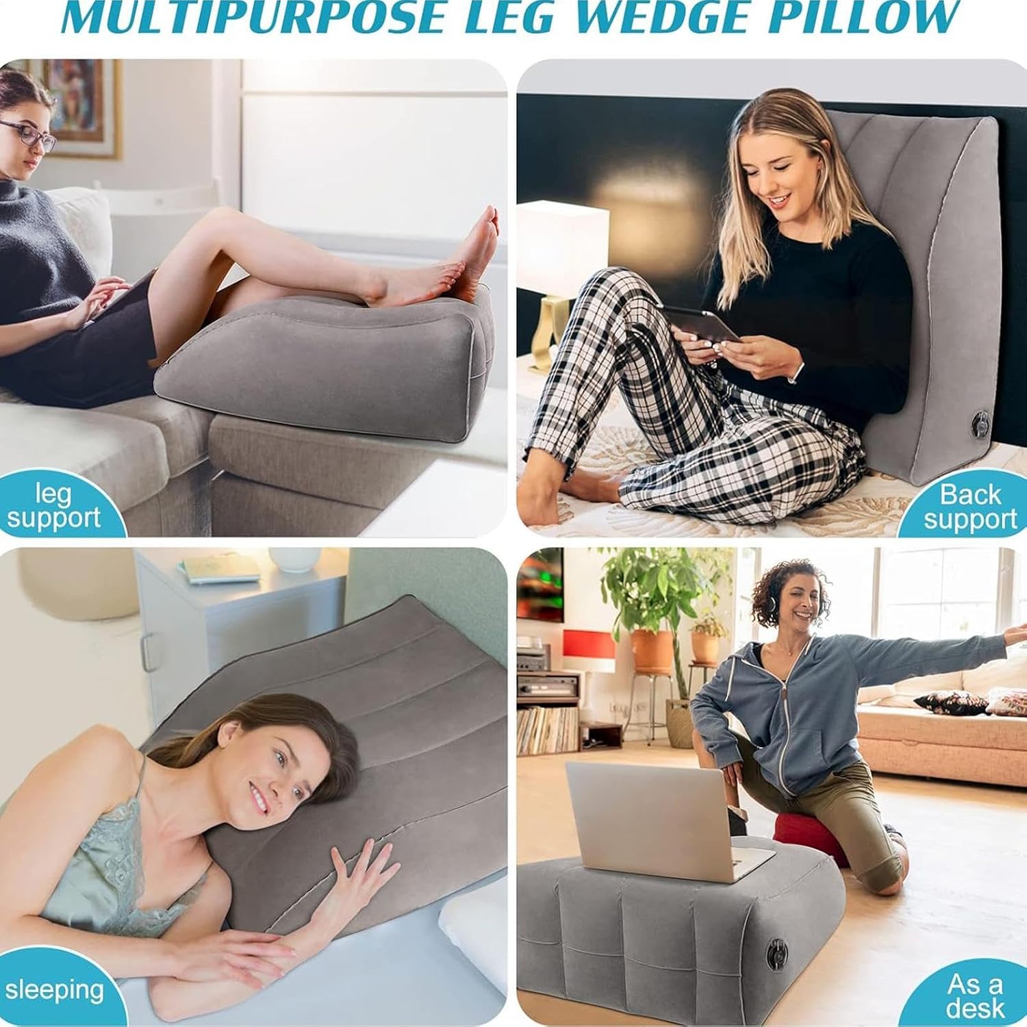 Inflatable Leg Wedge Pillow, 63x50x25cm, Flocked Material, Pump Included, Elevation Support, Post Care Recovery, Lower Body Comfort, Sleep