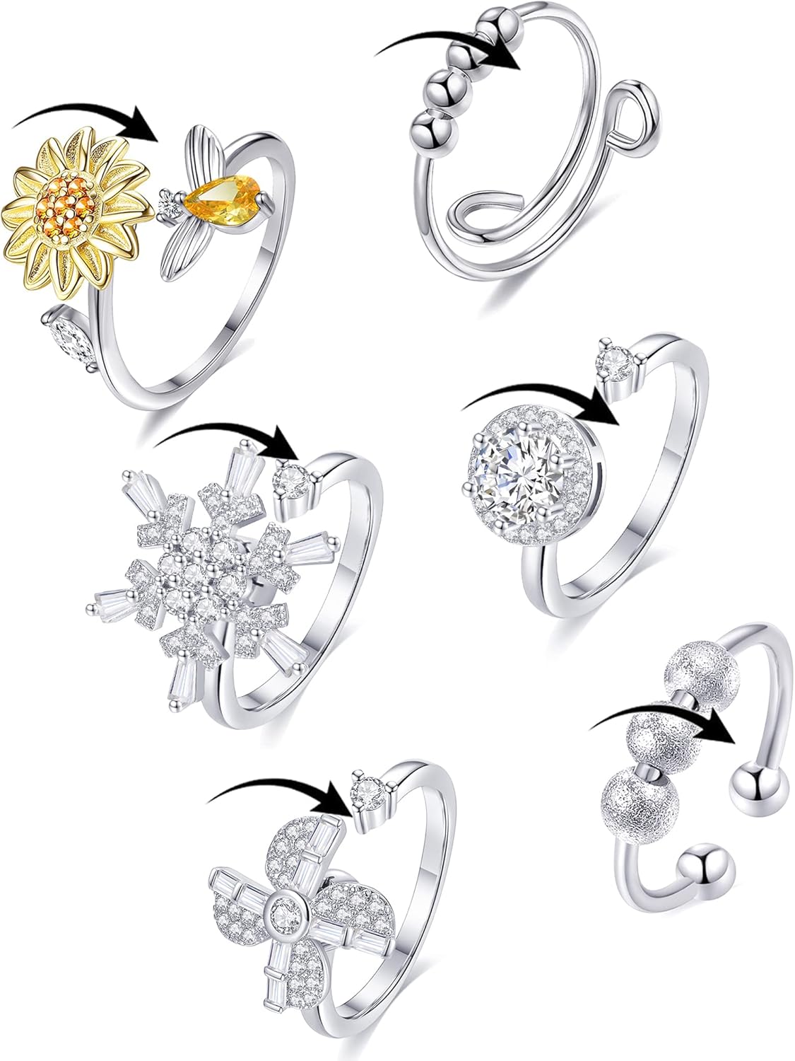 Tornito 5-6Pcs Fidget Anxiety Spinner Ring Adjustable Open Ring Cubic Zirconia Sunflower Windmill Butterfly Moon Bead Stress Relief Stackable Rings for Women Silver Gold Tone