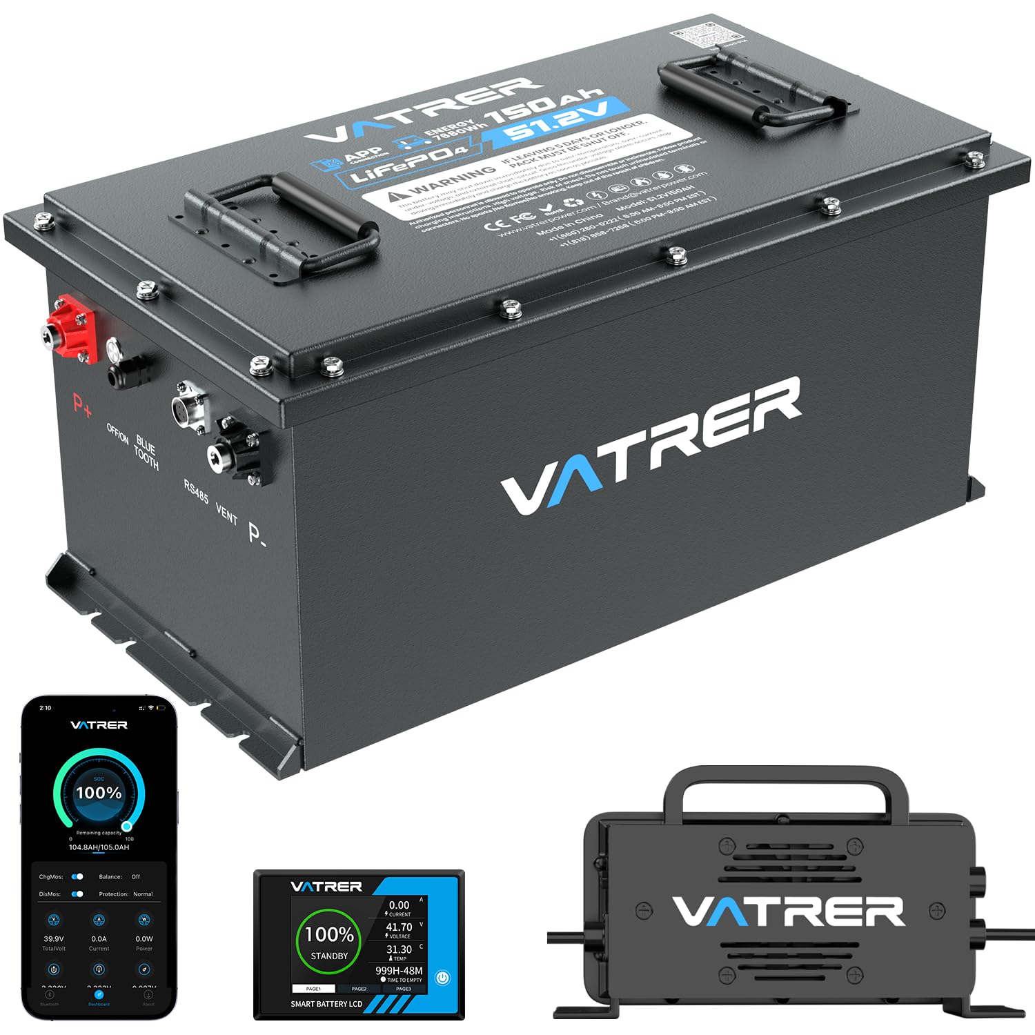 VATRER POWER 48V 150Ah Lithium Golf Cart Battery, Built-in Smart 200A BMS, with Touch Monitor & Mobile APP, 4000+ Cycles Rechargeable LiFePO4 Battery, Max 10.24kW Power Output, Perfect for Golf Carts