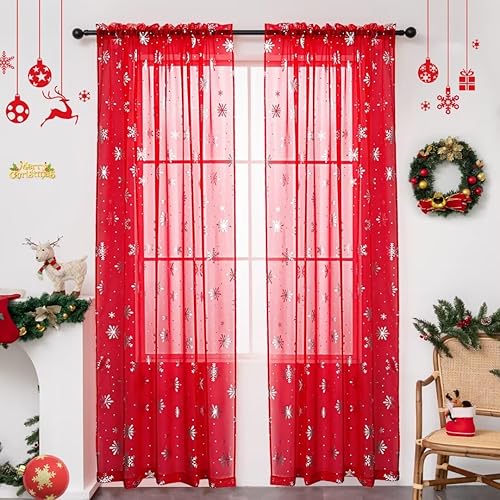 Miniatura 10 de Cortinas traslúcidas de Navidad para sala de estar, cortinas traslúcidas con estampado de copos de nieve de lujo, cortinas con bolsillo para barra,