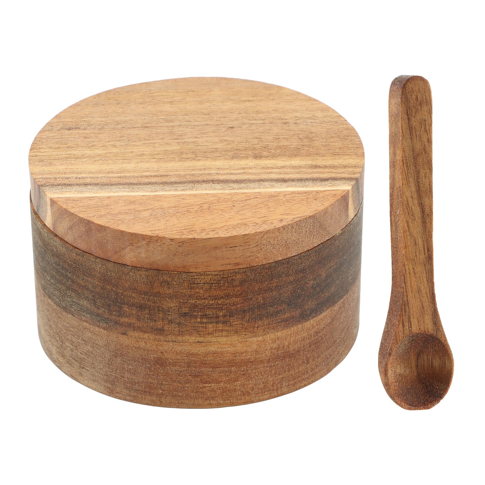 Cuenco de madera para sal y pimienta, con tapa giratoria y cuchara, contenedor redondo para sal y especias