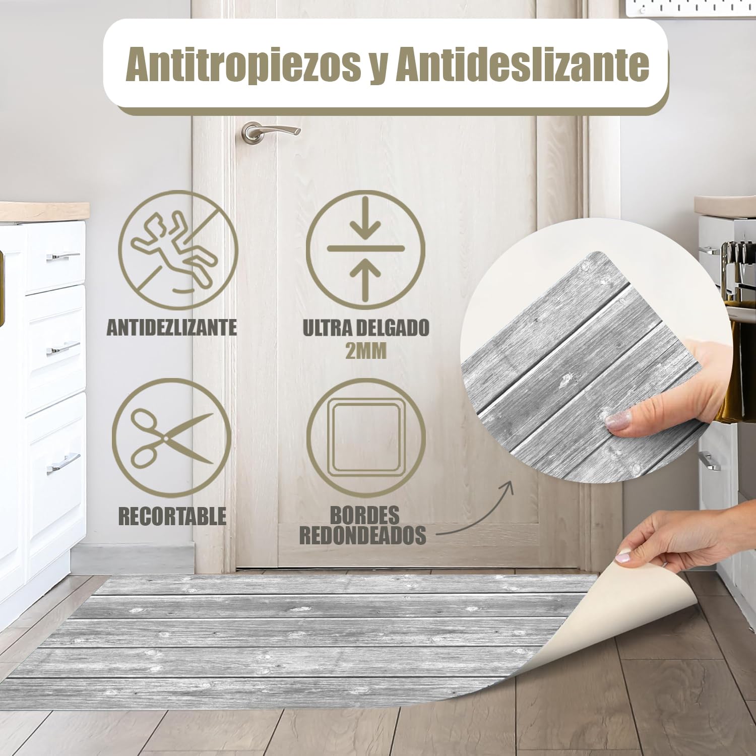 Alfombras Vinilicas Efecto Parquet Gris 180 x 60 - Alfombra Vinilica Cocina Resistente y Antitropiezos - Alfombra Cocina Lavable Antideslizante para Interior/Exterior - Alfombras de Vinilo Esponjosas