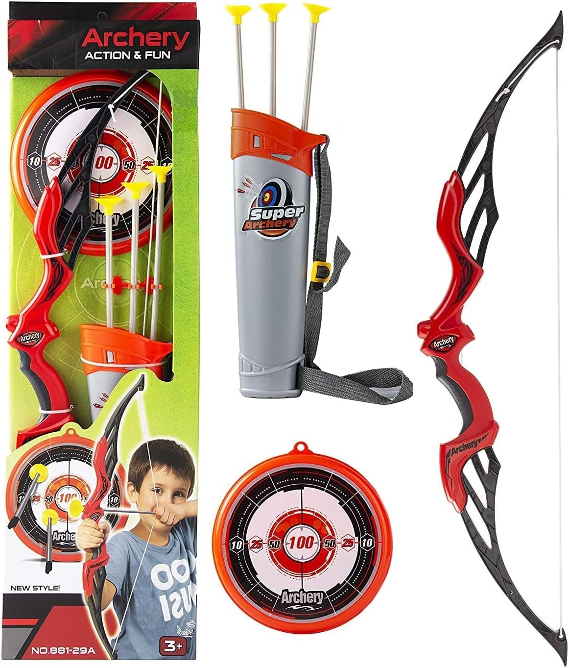 Jack Royal Kids Bow & Arrow Toy, Boys and Girls Basic Archery Set Outdoor Hunting Game with 3 Suction Cup Arrows, Target & Quiver (Red)