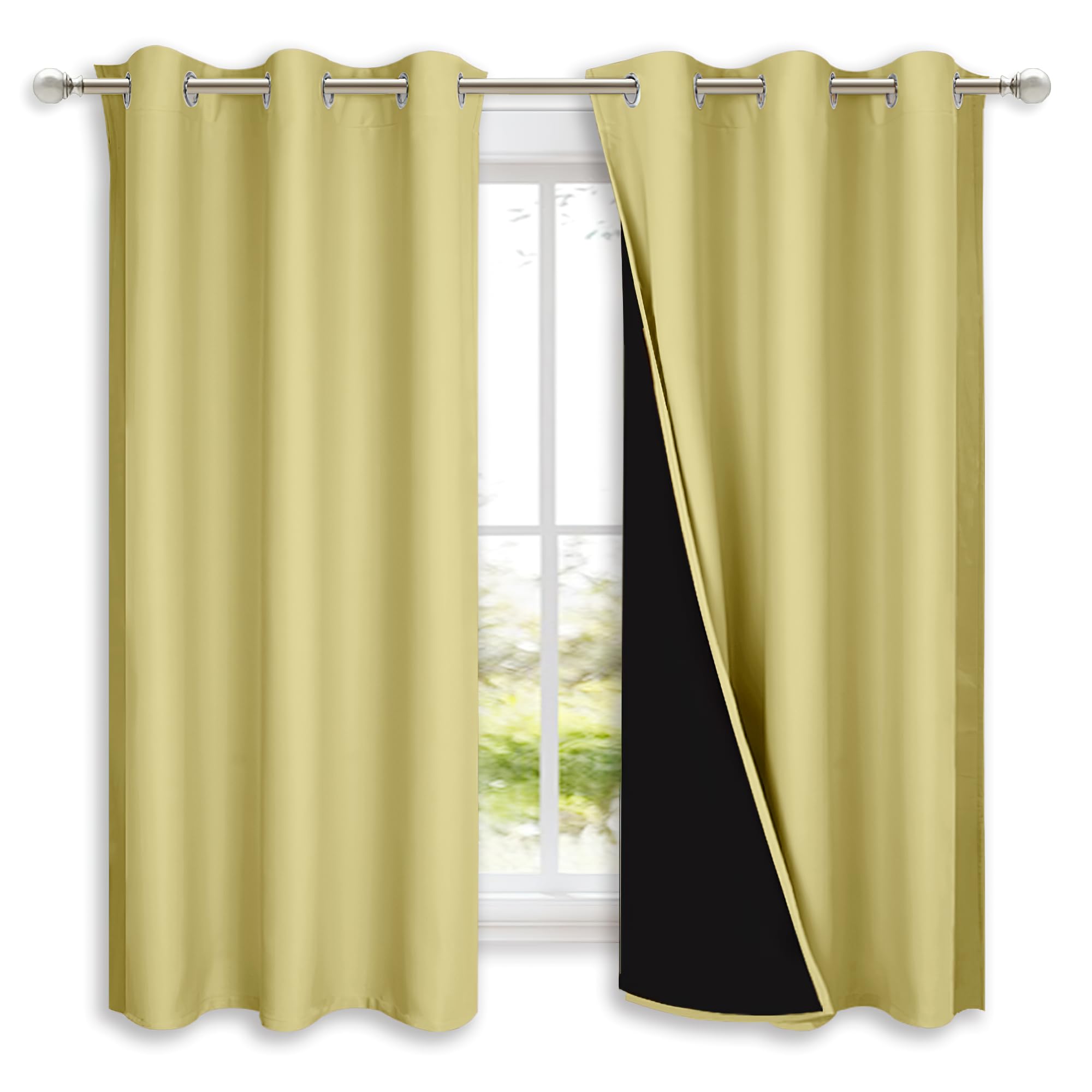 NICETOWN 100% Blackout Curtains with Black Liners, Solid Thermal Insulated Full Blackout 2-Layer Lined Drapes, Energy Efficiency Window Draperies for Bedroom (2 Panels, 42" W by 63" L, Paler Yellow)