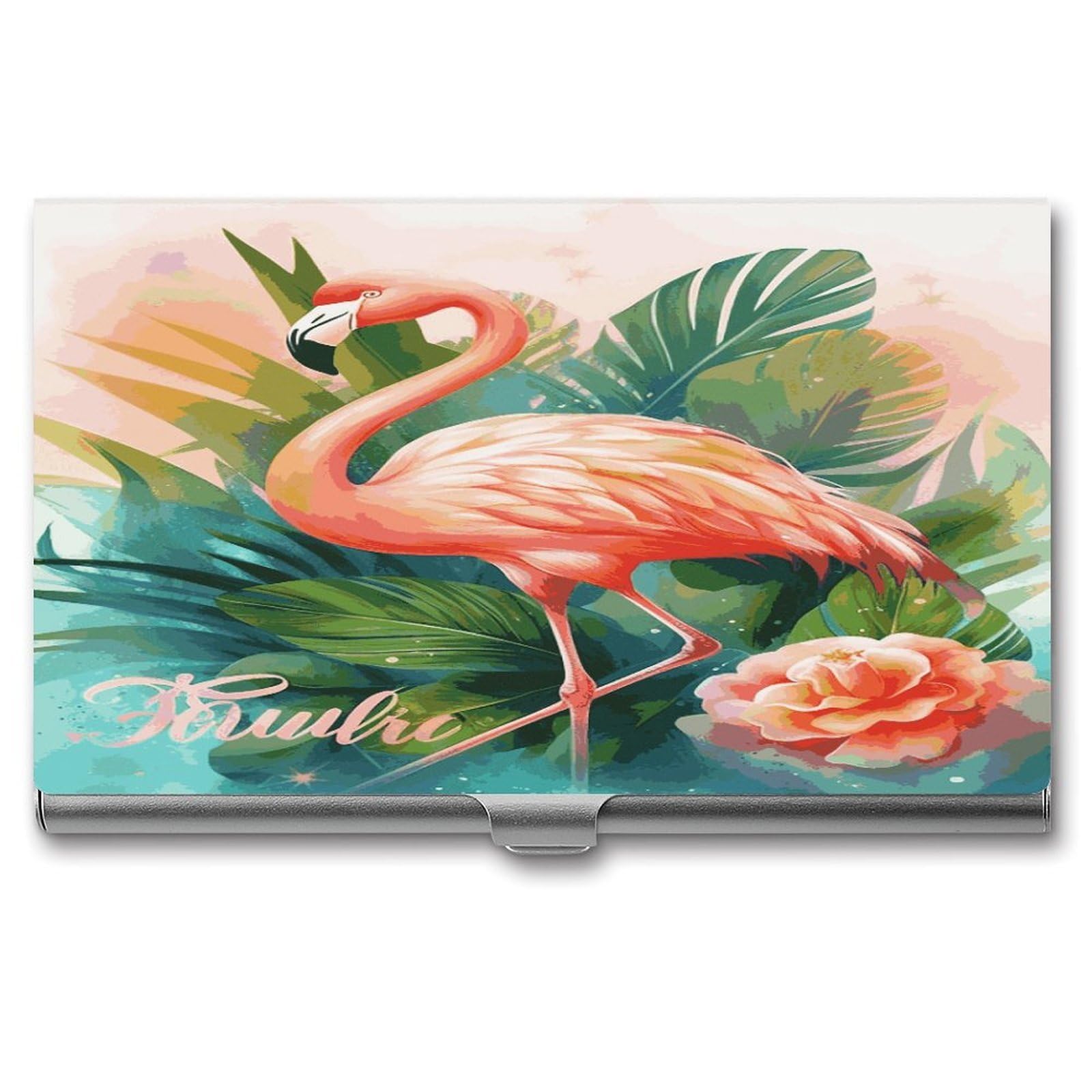 LDGSUPH Tropical Flamingo Business Card Holder Fashion Slim Name Card Holder Minimalist Design Case Metal Card Carrier Personalized Business Card Case with Flip for Men Women