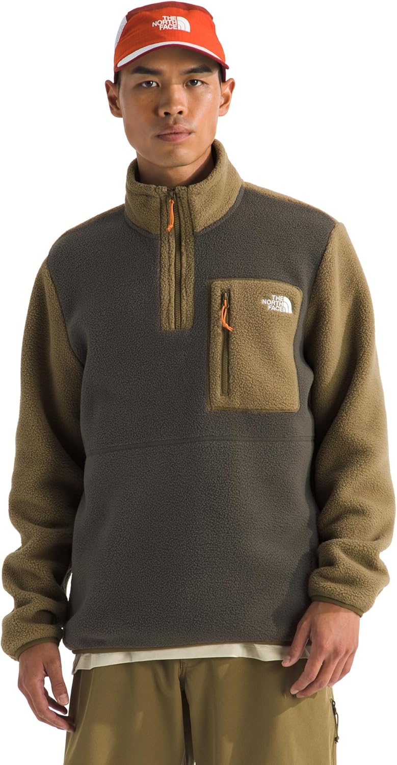 The North Face Men's Yumiori Quarter Zip Jacket - Lightweight Fleece Coat with Embroidered Logo, Secure Zip Chest Pocket, New Taupe Green/Cedar/Dust Orange, Medium