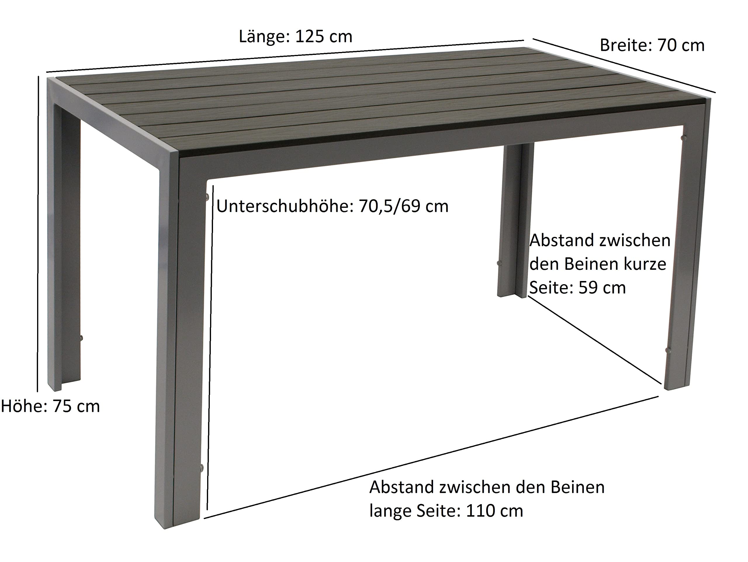 DEGAMO Gartentisch Sorano 70x125cm rechteckig, Gestell Aluminium Silbergrau, Tischplatte Kunstholz in Holzoptik dunkelgrau, wetterfest