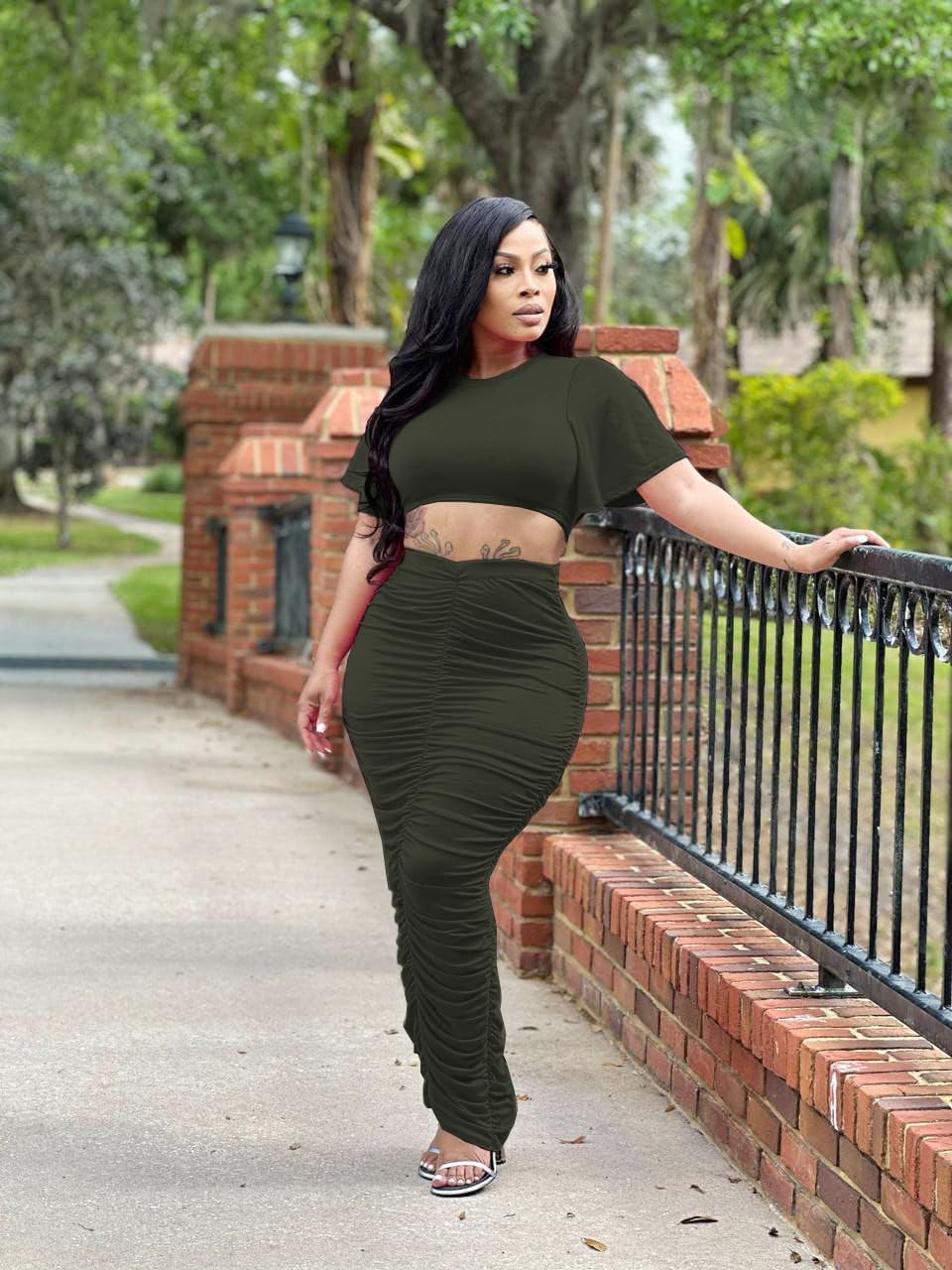 Women's 2 Piece Outfits Flare Sleeve Crop Tops Sexy Bodycon Jumpsuits Maxi Dresses Midi Ruched Skirt Sets - Image 4