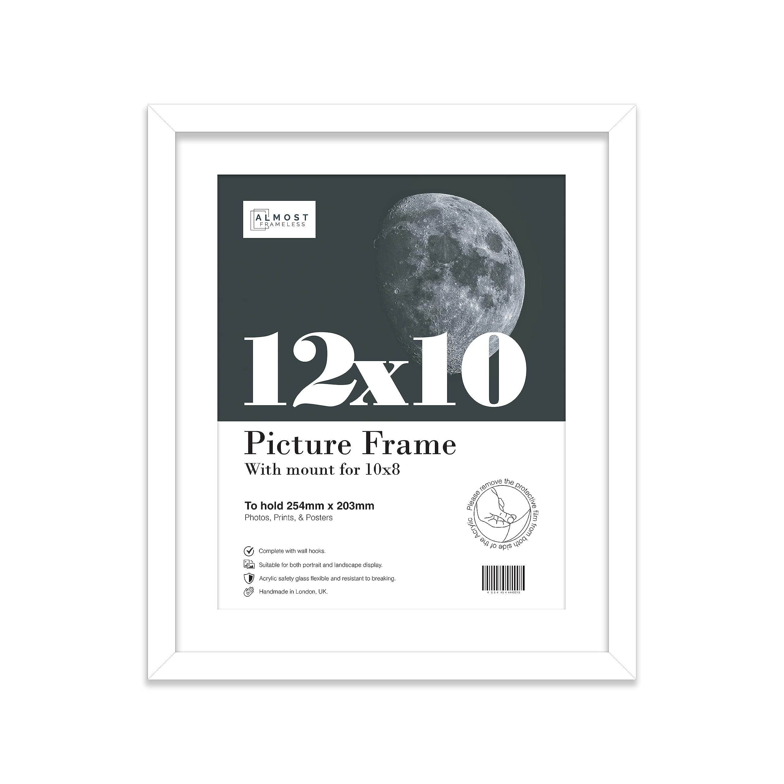 Almost Frameless 12x10 White Picture Frame With Mount for 10x8 Print, Poster or Photo Poster, Photo, Artwork, or Print. Thin Edge Slim Frame Portrait and Landscape Display with Wall Hooks — image 1