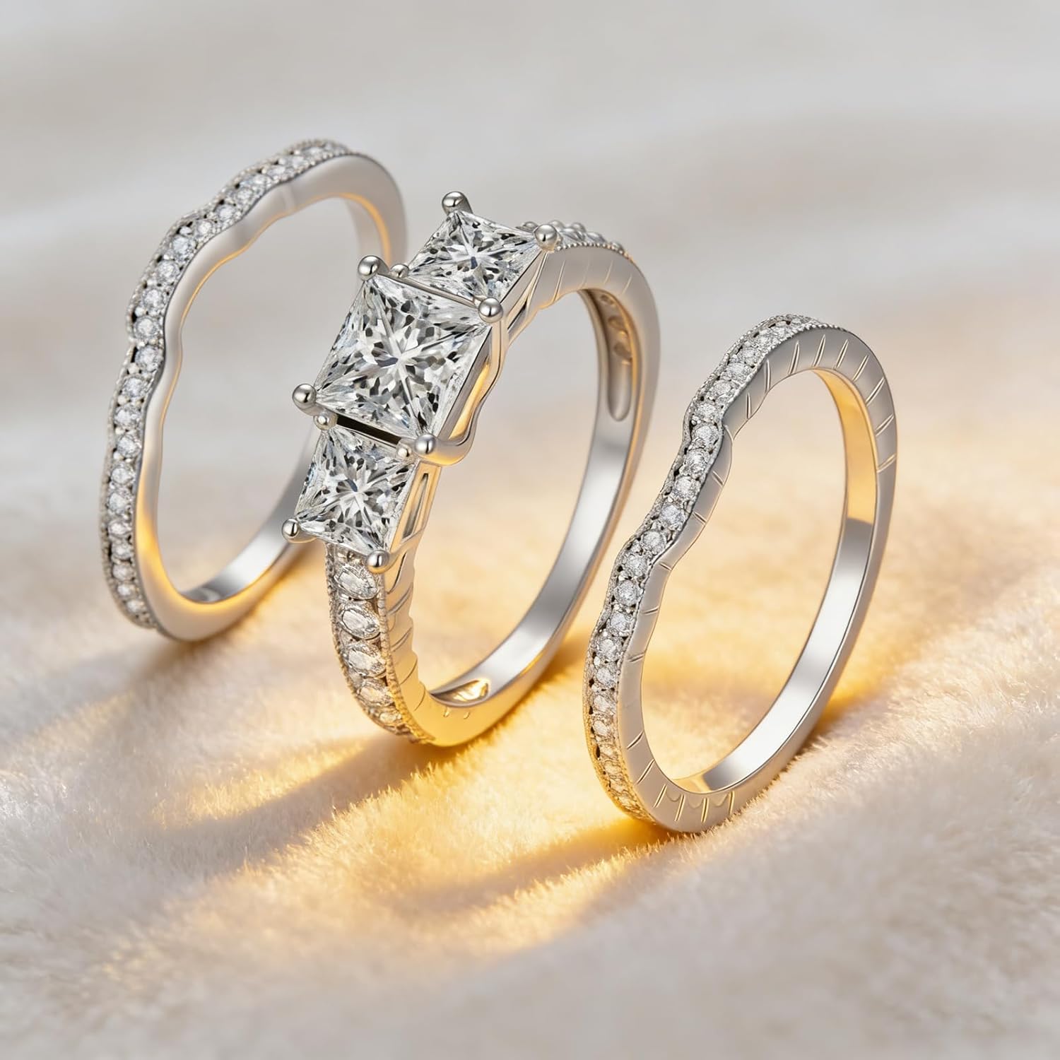 2.8 Ctw Moissanite Princess Cut Wedding Ring Set for Women White Gold 3 Pieces 3 Stone Bridal Ring Set Engagement Ring Set 10K 14K 18K Gold Bridal Set Anniversary Promise Rings for Her