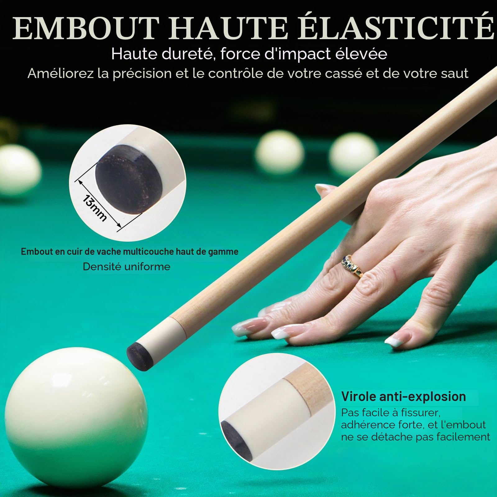 Kmise Queue de Billard Professionnelle en érable Canadien, 147 cm, poignée améliorée, 4 Couleurs optionnelles, livrée avec Craie et Gants