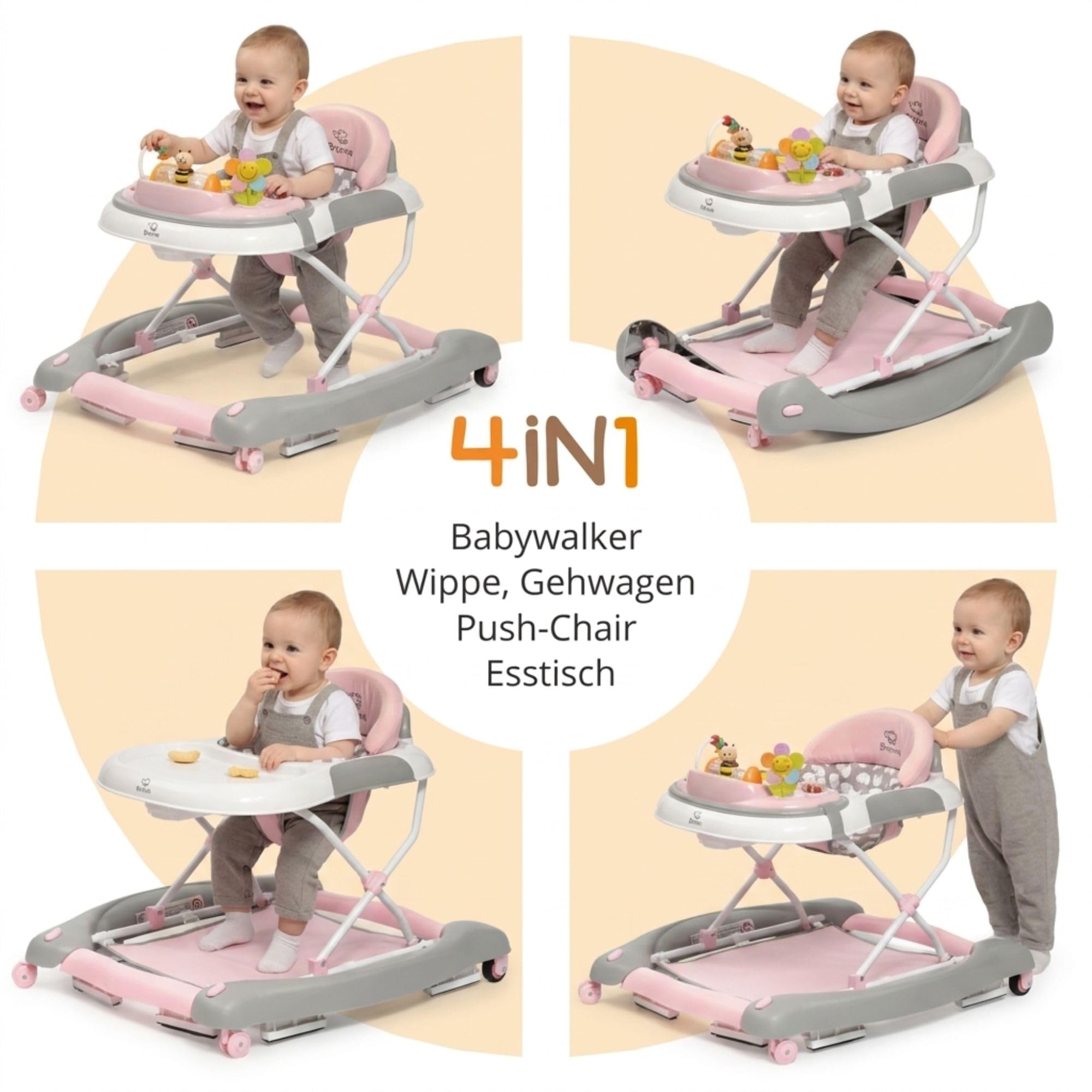4-in-1 Gehfrei Babywalker ab 6 Monate | Lauflernwagen mit Schaukelfunktion und Spielpaneel mit Musik | Höhenverstellbare und Klappbar | Lauflernhilfe mit leisen Rollen und Bremsen