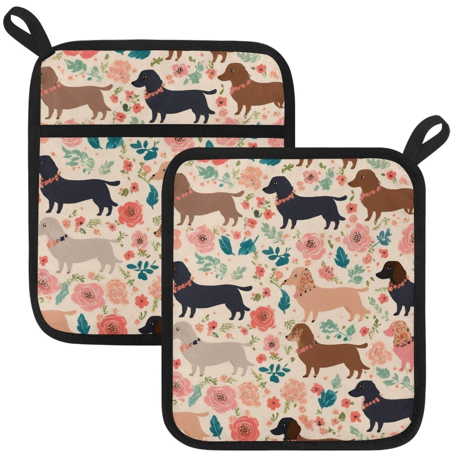 VAPOKF Colorful Dachshunds Heat Resistant Pot Holders, Thick Pot Holders Pad with Hanging Loop for Kitchen, Oven Cloth Pads for Kitchen Baking Microwave Oven