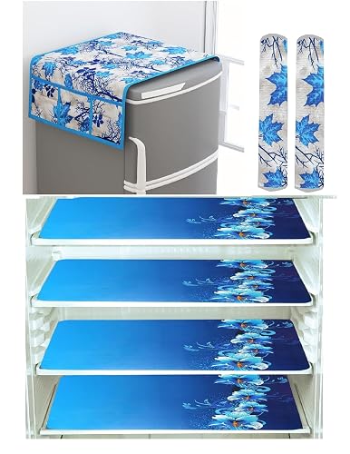 Factcore Kitchen Combo Fridge Top Cover, 2 Piece Fridge Handle Cover, 4 Pcs Fridge Mats, (Set of 7 Piece)(Blue Branch 142)