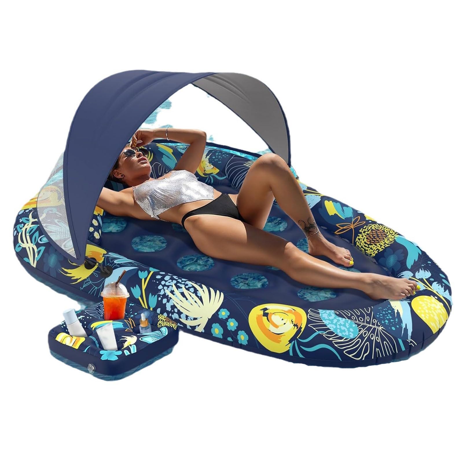 Colchoneta Piscina Adultos 185 * 120cm,Colchoneta Hinchable Piscina,Hinchables para Piscina,con Toldo de Sombra Desmontable,Portabebidas,Hamaca Flotante,para Adultos,Playa,Lago y Verano