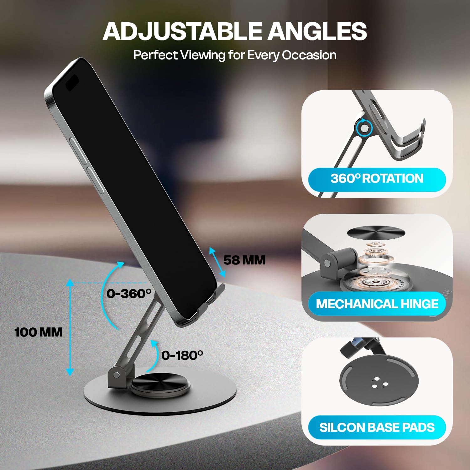 Amkette Ergo 360° Alloy Mobile Stand for Desk, Foldable Design with Stable Rotational Metallic Round Base, Multiple Height & Angle adjustments for Smartphones, Tablets & iPad (Grey) — Amazon image 4