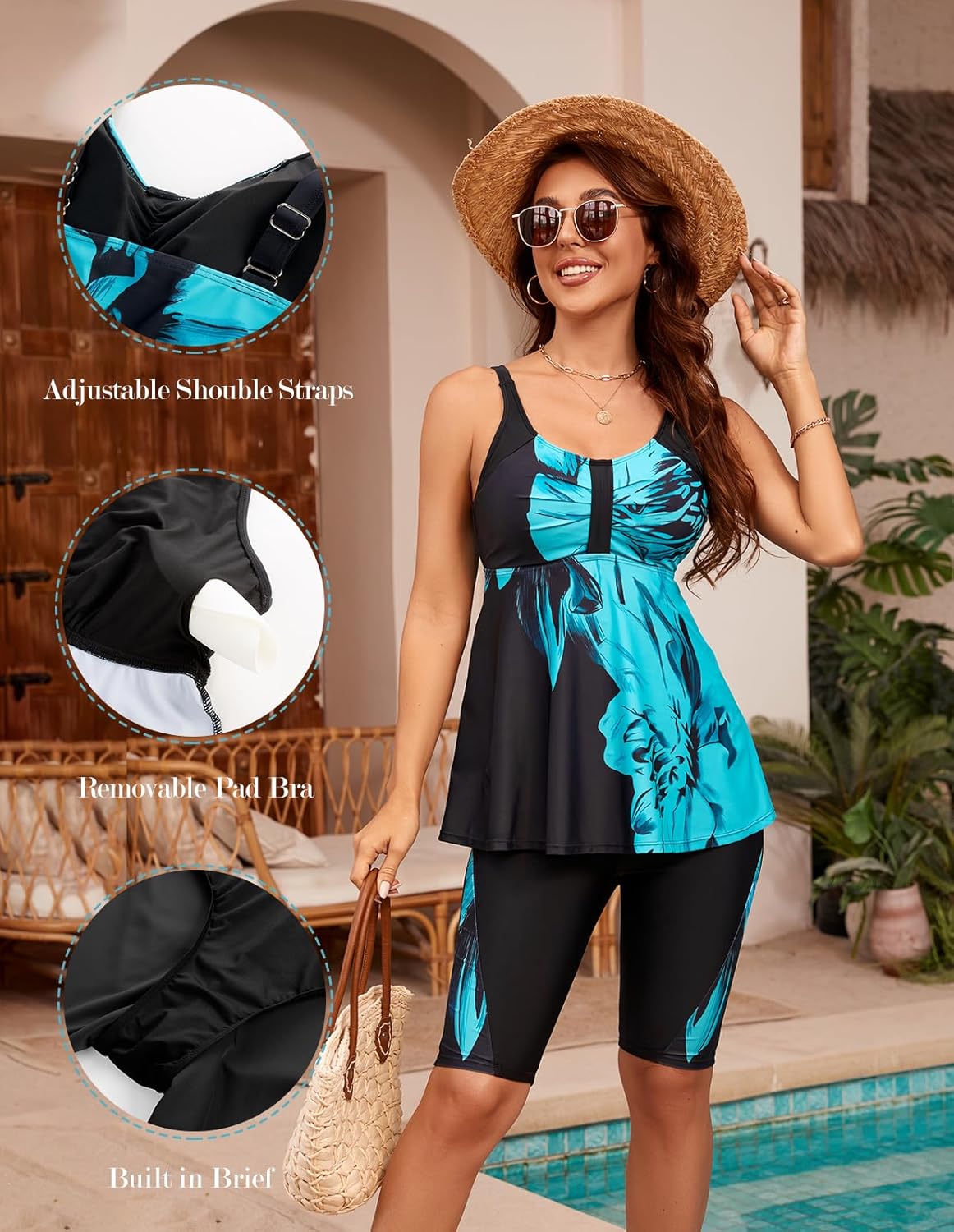 Hanna Nikole Women's Plus Size Tankini Swimsuits Two Piece Bathing Suit Flowy Rash Guard Swimwear with Capris Shorts - Image 5