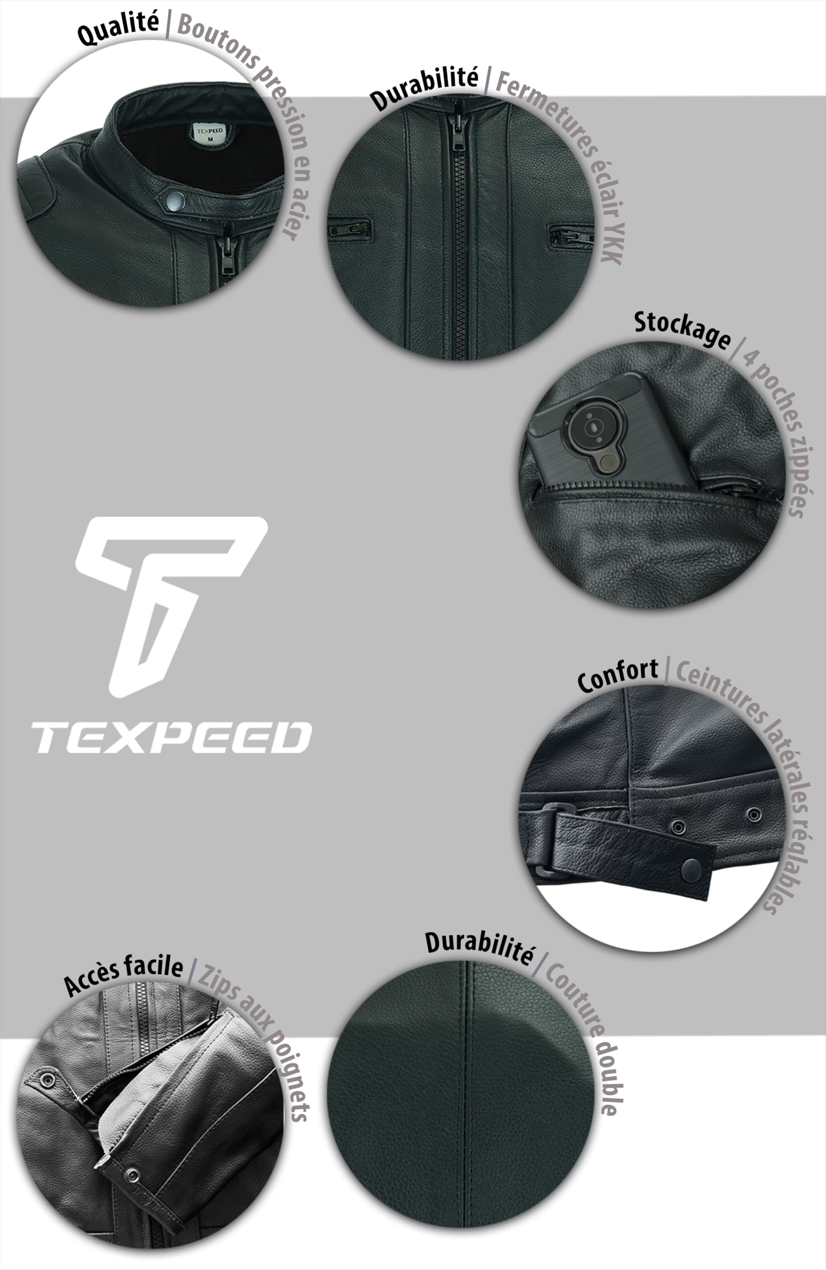 Texpeed Veste de moto en cuir pour homme - Homologué blouson été/hiver de moto de tourisme avec protection véritable biker CE armor (EN 1621-1) Design cousu matelassé - Noir - 7XL | EN 17092 Vêtement Moto Renforcé, EN 1621-1 [Niveau 1] Armure Motard Flexi