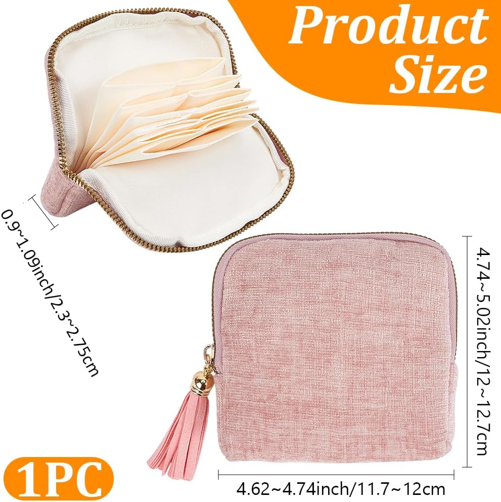 Pink Portable Jewelry Case with Independent Layers Velvet Small Travel Bangle Organizer Pouch Tassel Zipper Bags Packing for Necklaces Bracelets Rings Earring Storage Women Gifts Supply image 2