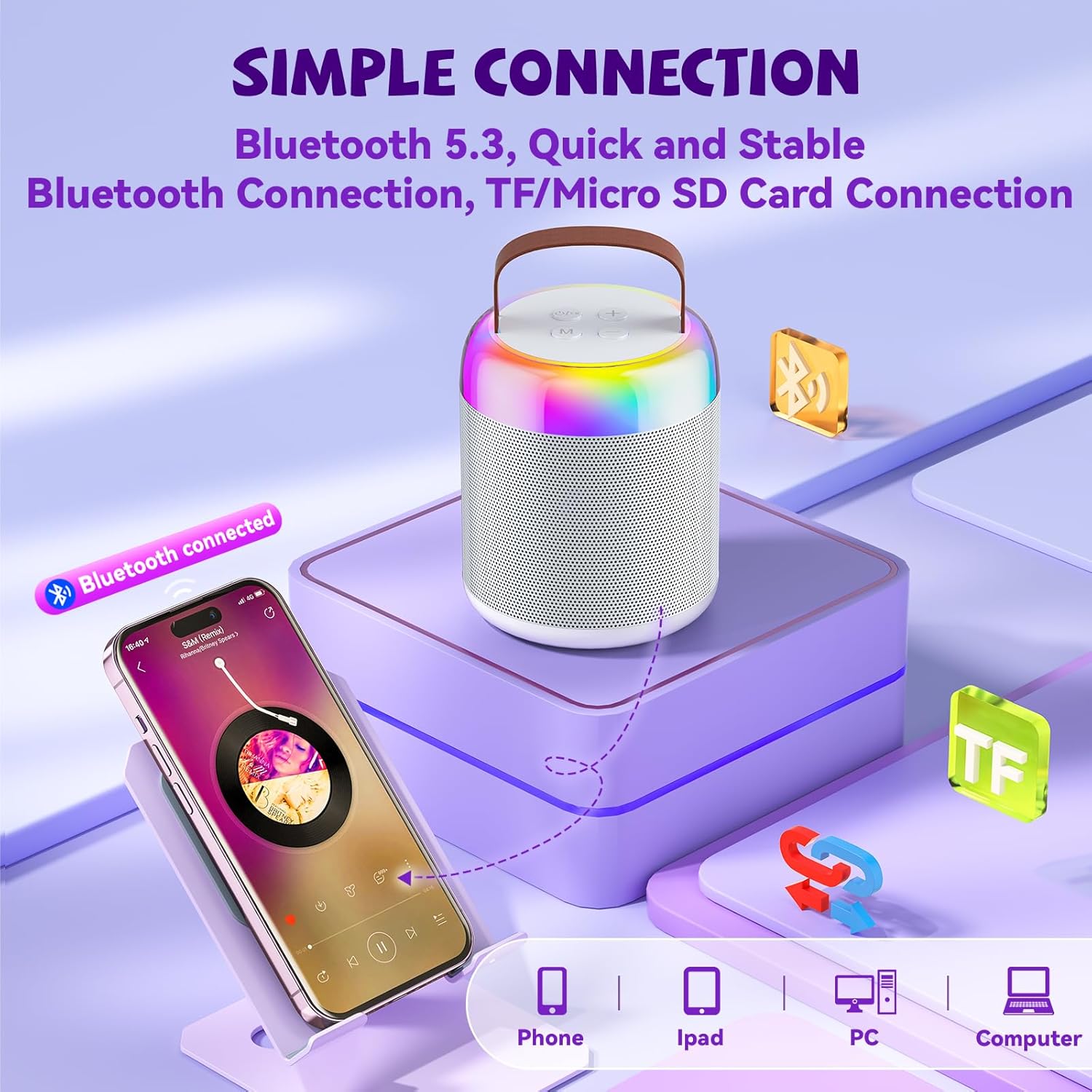 Mini Karaoke Machine for Kids, Portable Bluetooth Speaker with Wireless Microphones, Gift for Girls Toys 4, 5, 6, 7, 8, 10, 12+ Years Old Birthday Family Home Party(Y2-White-1 Mic) - Image 8