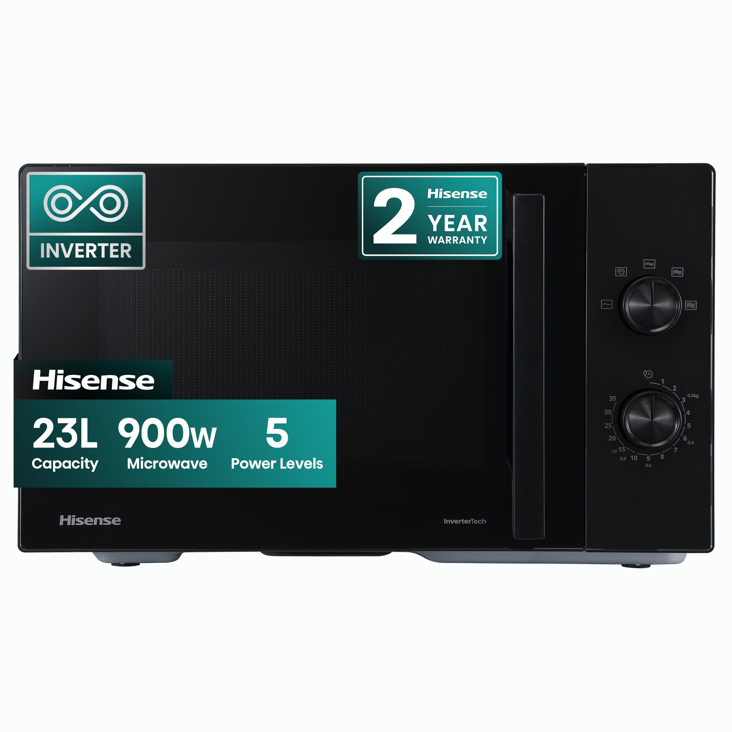Hisense 23L Microwave Oven 900W, Freestanding Microwave, Manual Control, Defrost Function, 5 Power Levels, Turntable, Black H23MOBP2HIUK