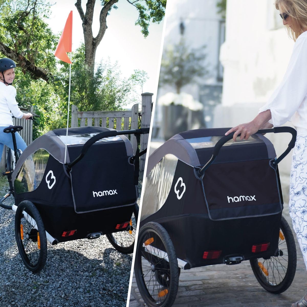 Hamax - Remorque Traveller 2 Places - Remorque Vélo et Poussette - Sécurité Optimale - Harnais 5 Points - Réflecteurs Multiples - Légère et Pliable - pour Enfants Jusqu'à 22 kg